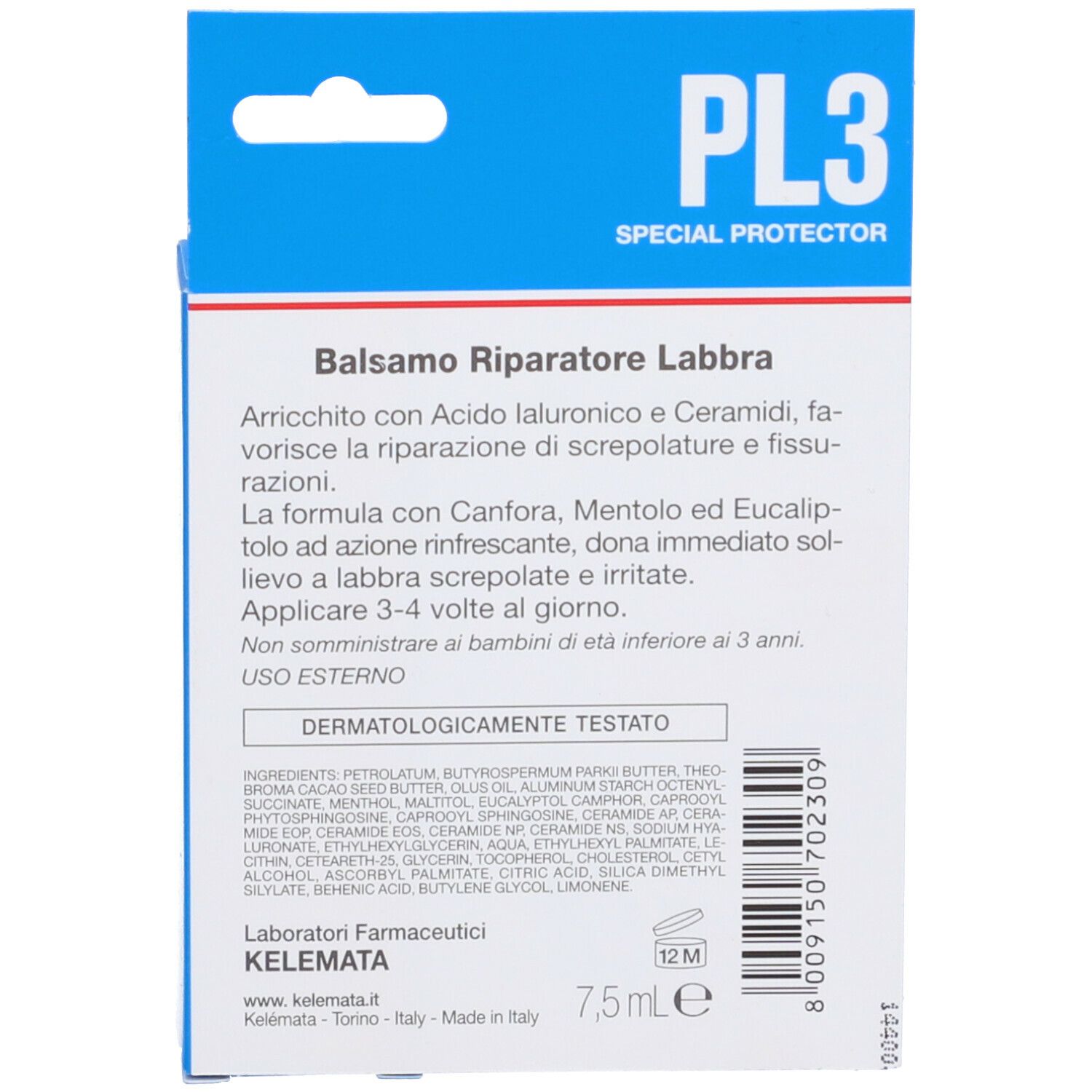 PL3 Balsamo Riparatore Labbra SOS. Retro confezione. Testo: Balsamo Riparatore Labbra. Dermatologicamente testato. 7,5 ml.