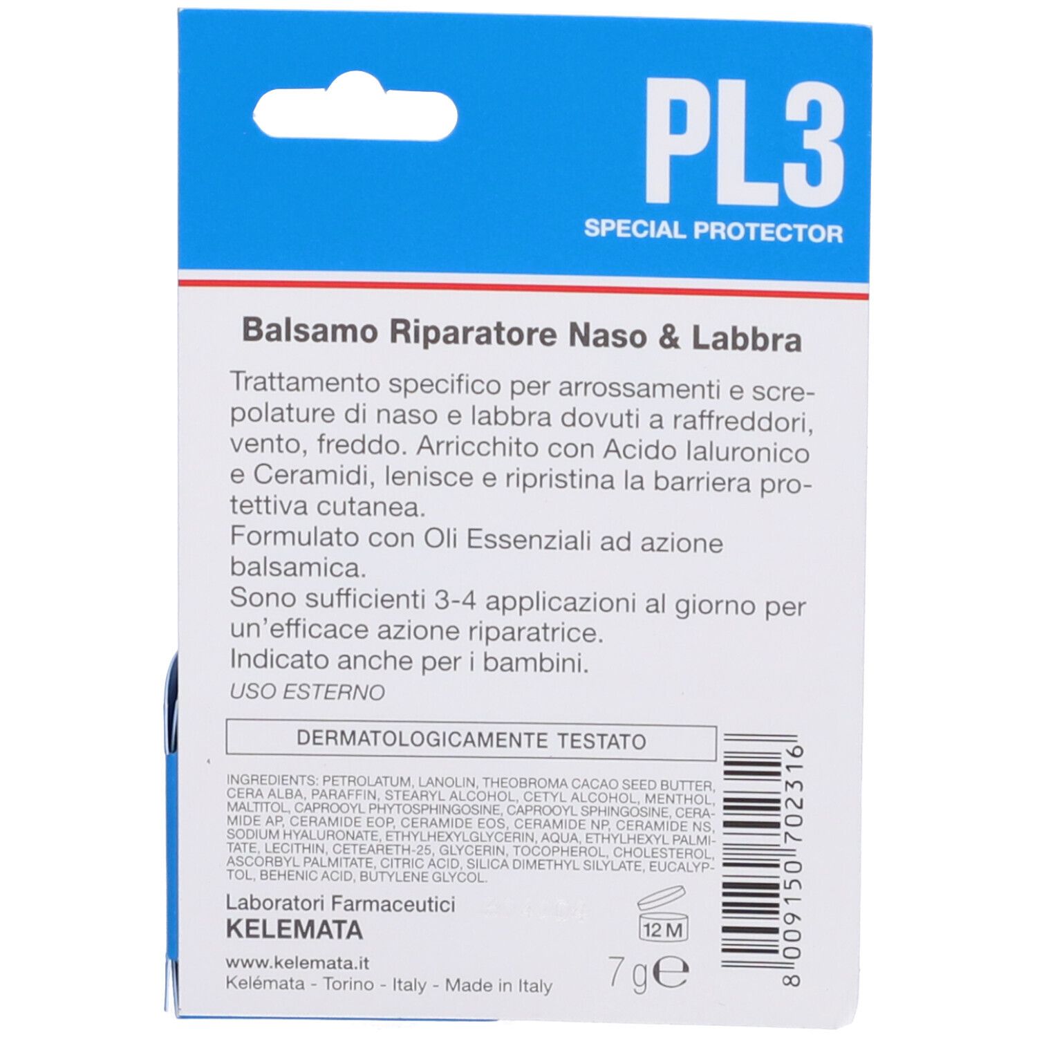 Retro confezione prodotto. Testo: Balsamo Riparatore Naso & Labbra, ingredienti, 7g, dermatologicamente testato.