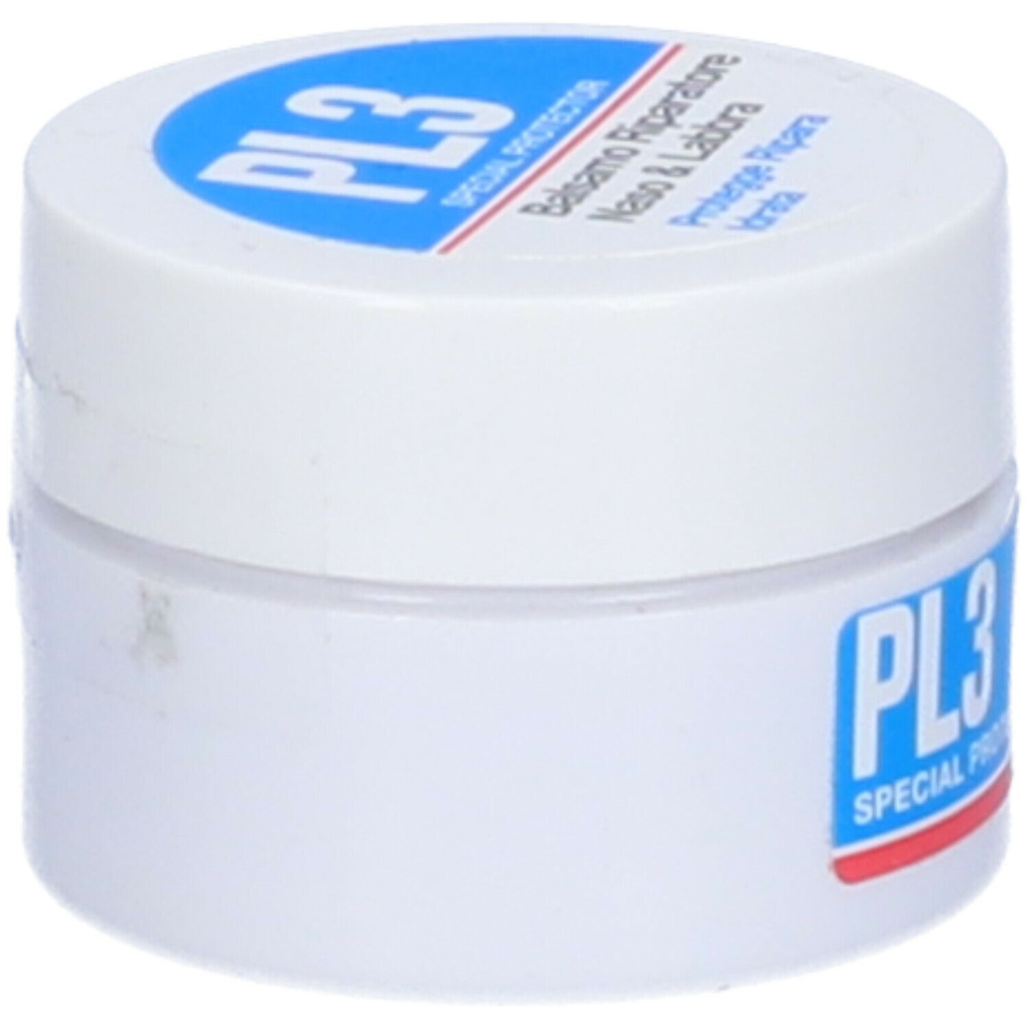 Vasetto bianco con etichetta blu e scritta PL3. Coperchio con testo blu. Nome prodotto: Balsamo Riparatore Naso & Labbra.