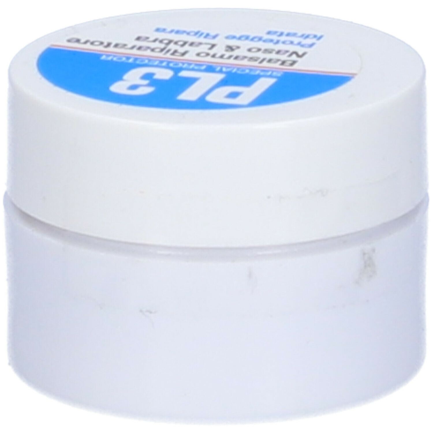 Vasetto bianco con etichetta blu e scritta PL3. Coperchio con testo blu. Nome prodotto: Balsamo Riparatore Naso & Labbra.