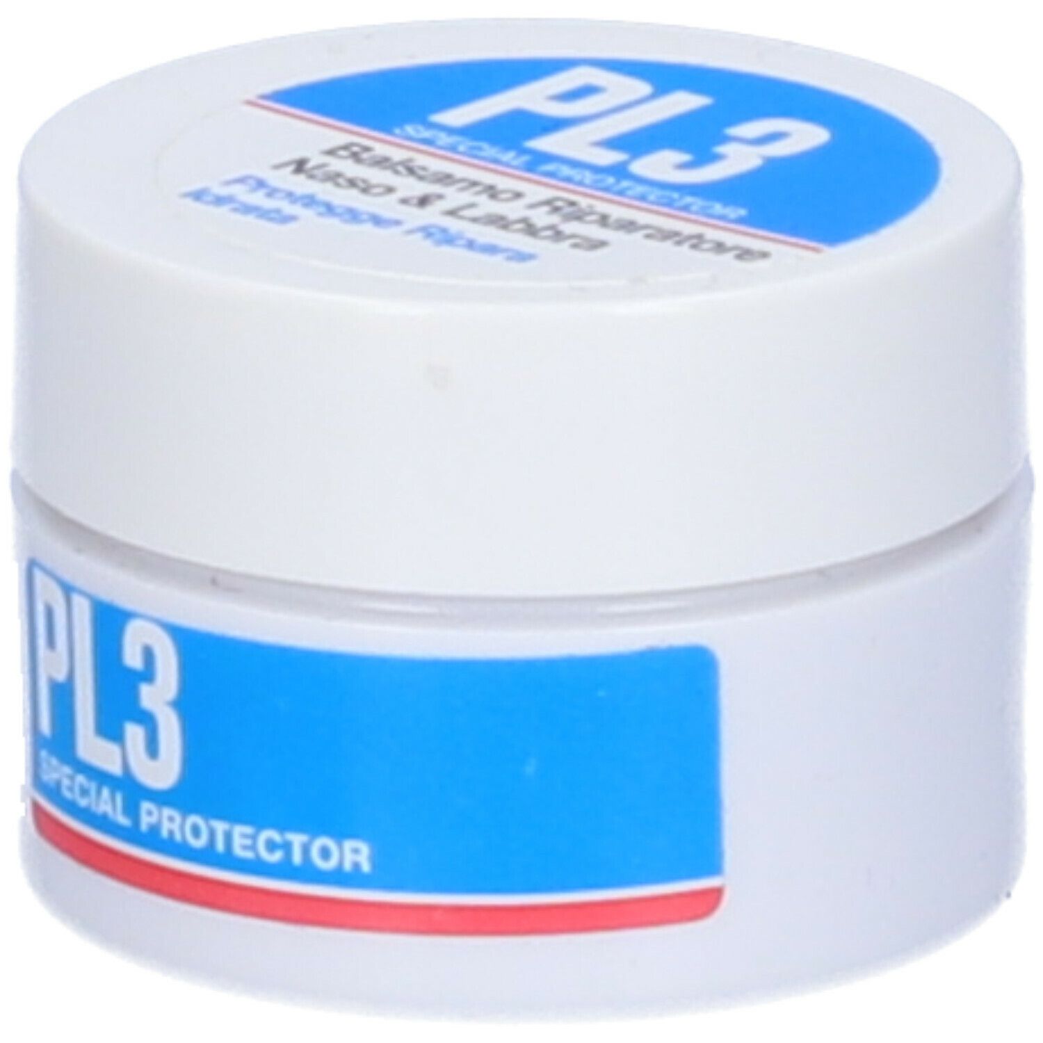 Vasetto bianco con etichetta blu e scritta PL3. Coperchio con testo blu. Nome prodotto: Balsamo Riparatore Naso & Labbra.