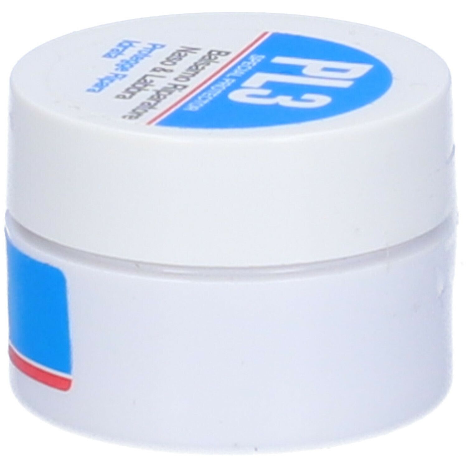 Vasetto bianco con etichetta blu e scritta PL3. Coperchio con testo blu. Nome prodotto: Balsamo Riparatore Naso & Labbra.