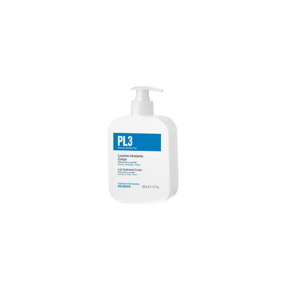 Flacone bianco con etichetta blu e pompetta. L'etichetta riporta PL3 e Lait Hydratant Corps.