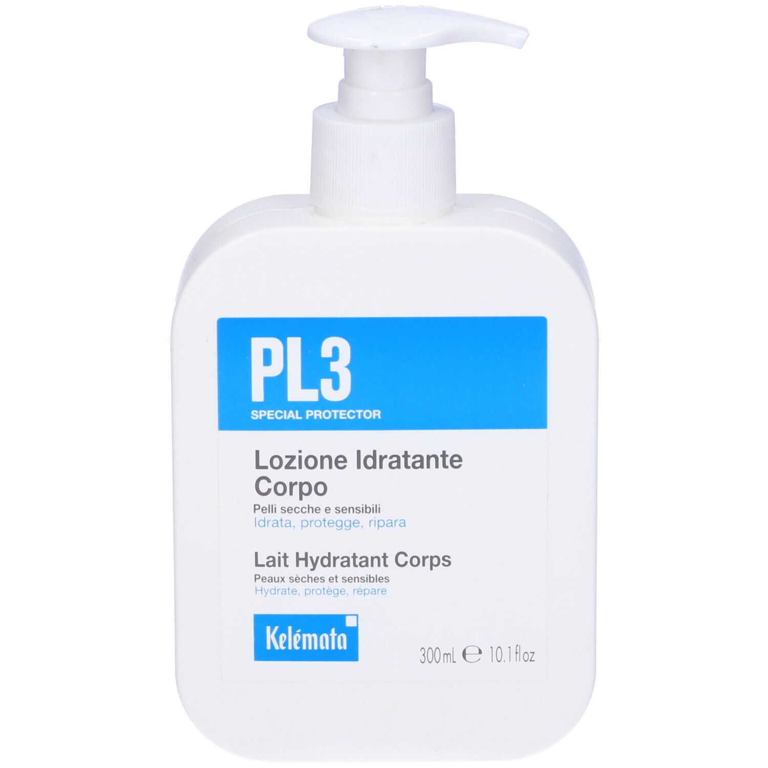Flacone bianco con etichetta blu e pompetta. L'etichetta riporta PL3, Lait Hydratant Corps e 300ml.