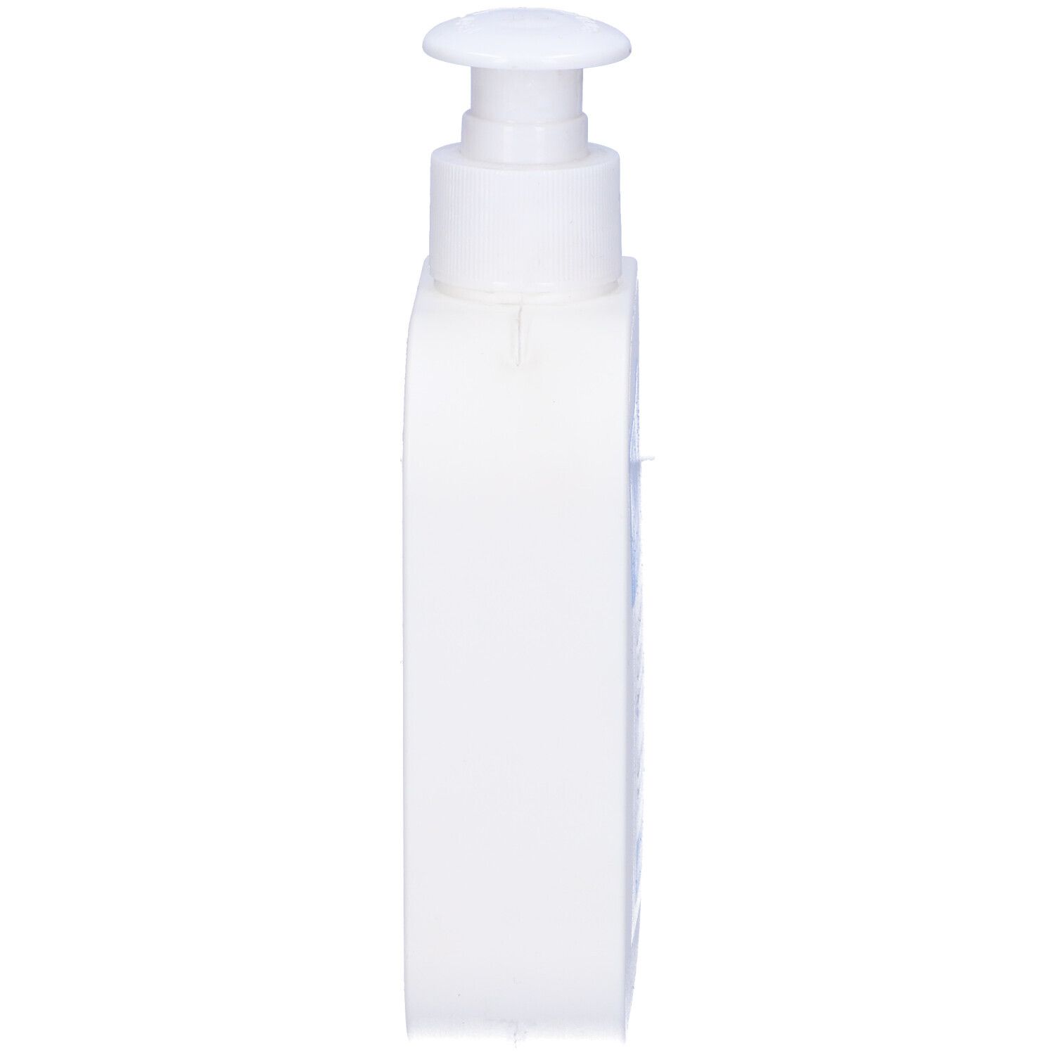 Flacone bianco con pompetta, vista laterale. Nessuna etichetta visibile.