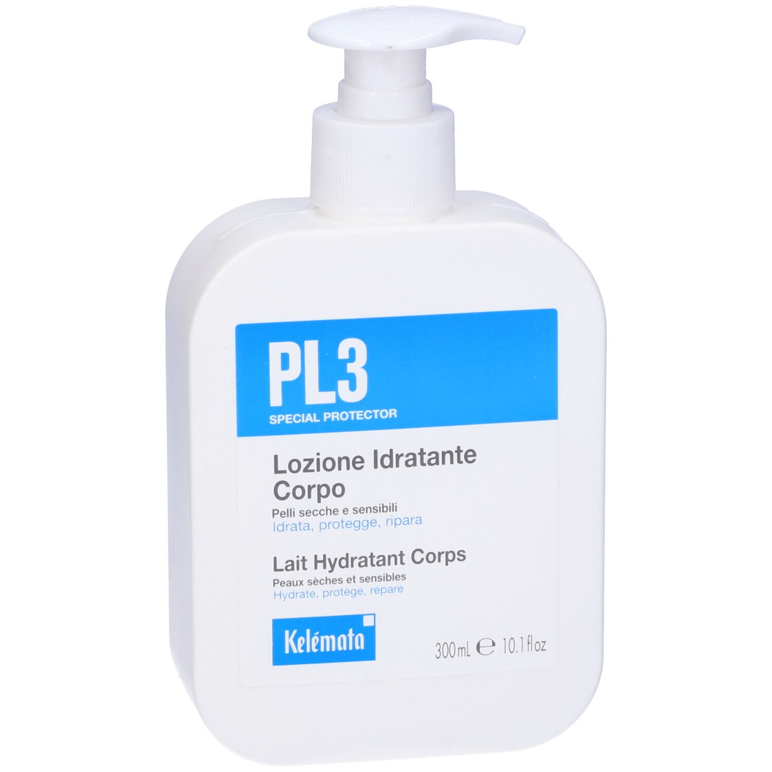 Flacone bianco con etichetta blu e pompetta. L'etichetta riporta PL3, Lait Hydratant Corps e 300ml.