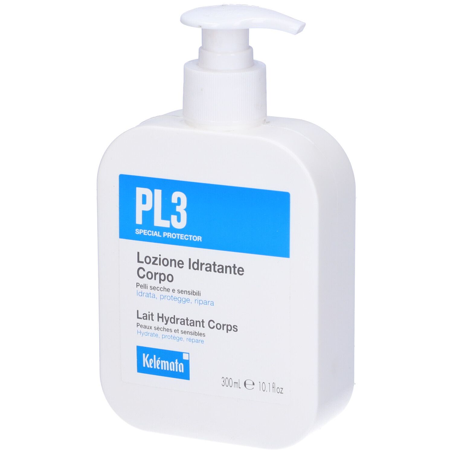 Flacone bianco con etichetta blu e pompetta. L'etichetta riporta PL3, Lait Hydratant Corps e 300ml.