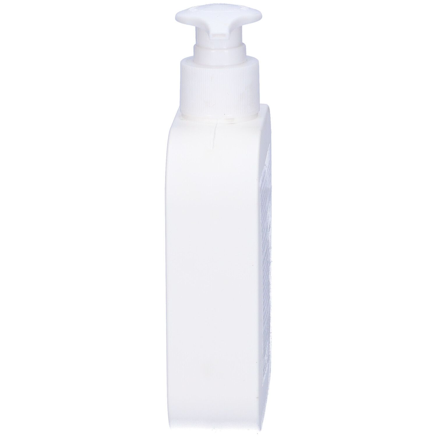 Flacone bianco con pompetta, vista laterale. Nessuna etichetta visibile.