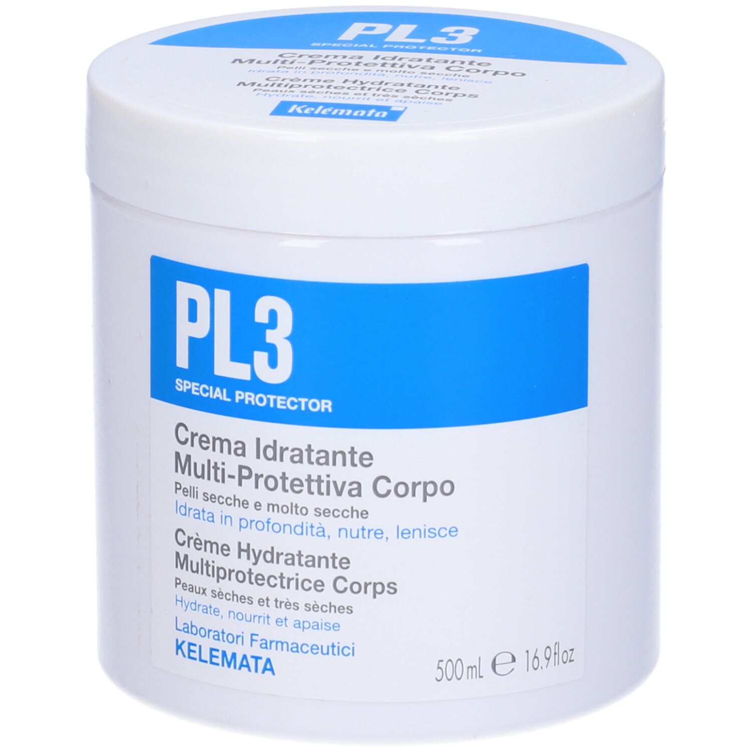 Vaso bianco con etichetta blu. Scritta: PL3, Crema Idratante, Multi-Protettiva Corpo. 500ml.