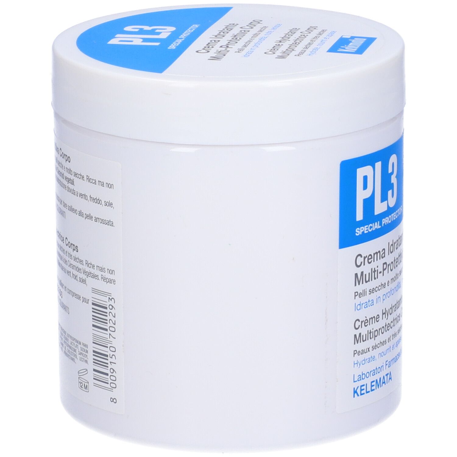 Vaso bianco con etichetta blu. Scritta: PL3, Crema Idratante, Multi-Protettiva Corpo. Vista laterale.