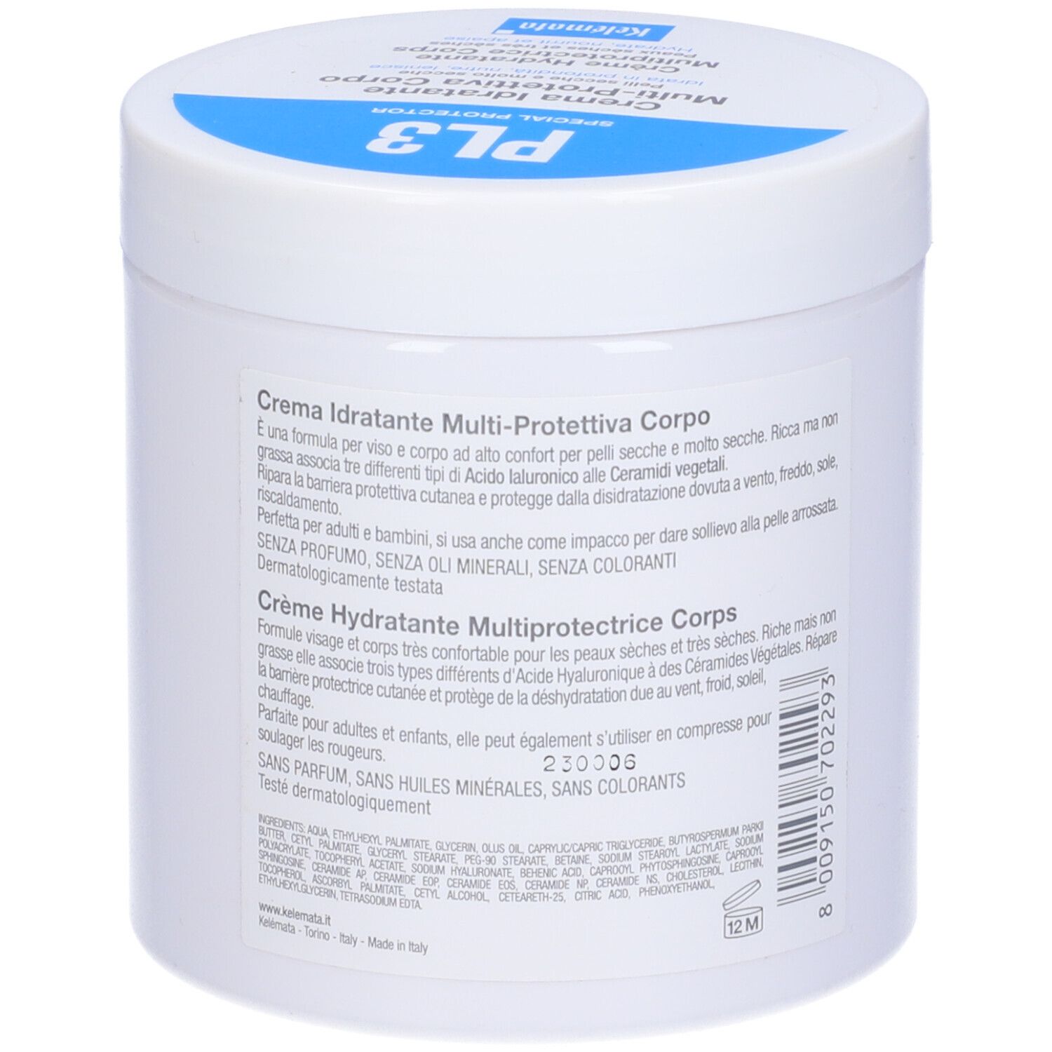 Vaso bianco con testo. Scritta: Crema Idratante Multi-Protettiva Corpo. Retro con ingredienti.