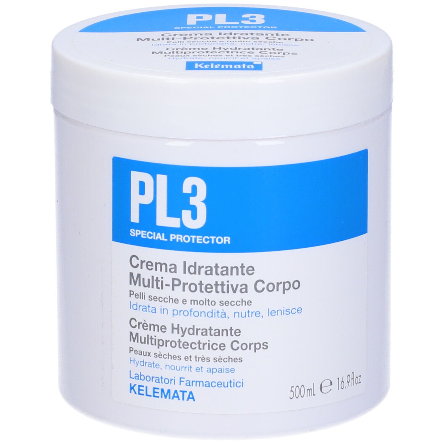 Vaso bianco con etichetta blu. Scritta: PL3, Crema Idratante, Multi-Protettiva Corpo. 500ml.