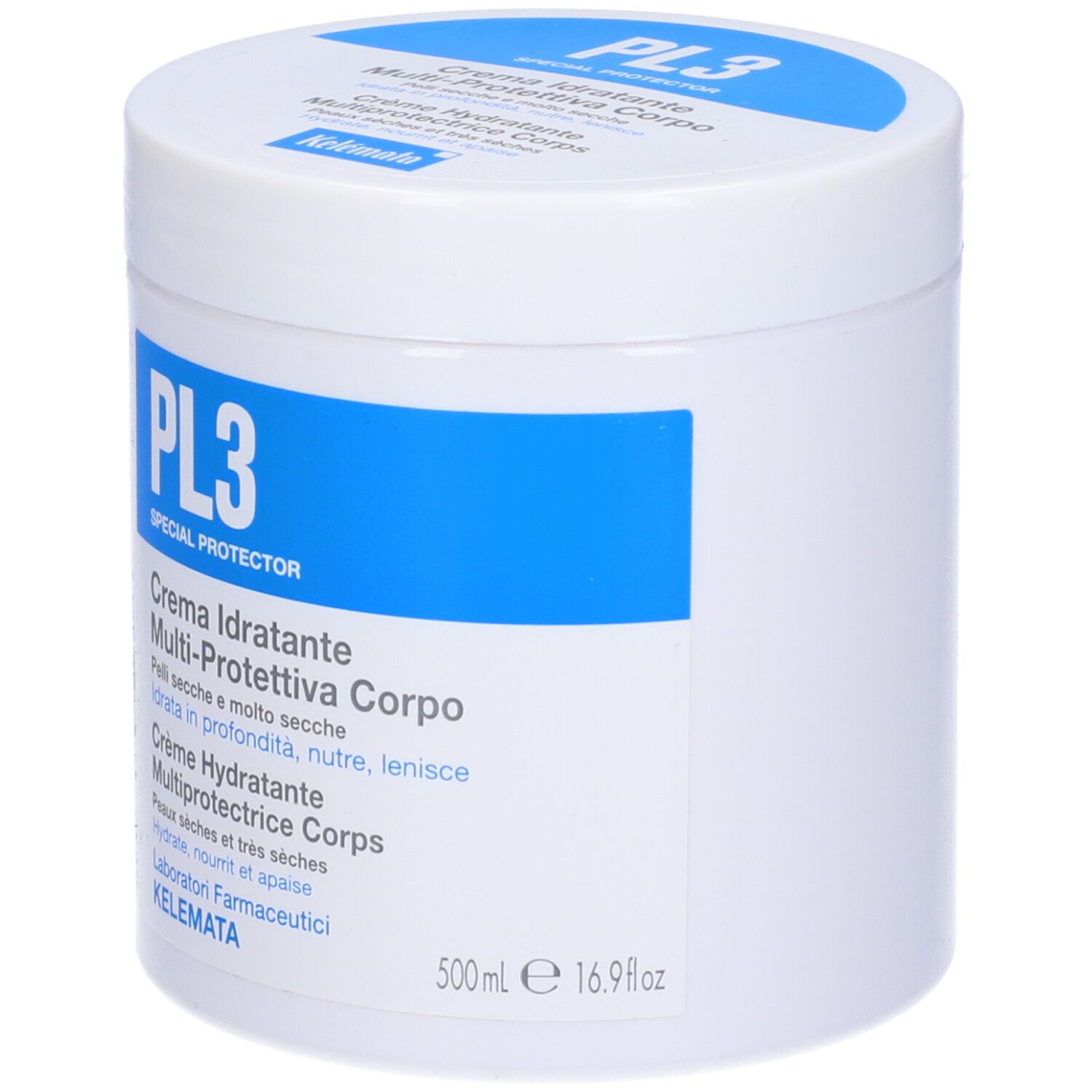 Vaso bianco con etichetta blu. Scritta: PL3, Crema Idratante, Multi-Protettiva Corpo. 500ml.