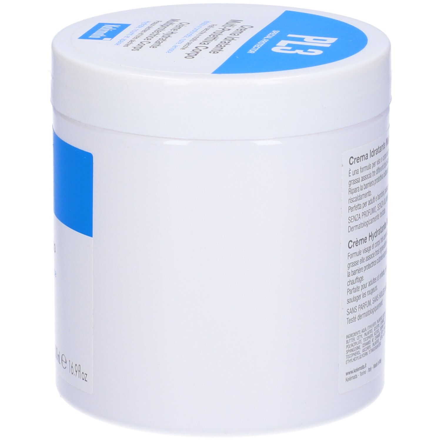 Vaso bianco con etichetta blu. Scritta: PL3, Crema Idratante, Multi-Protettiva Corpo. Vista laterale.