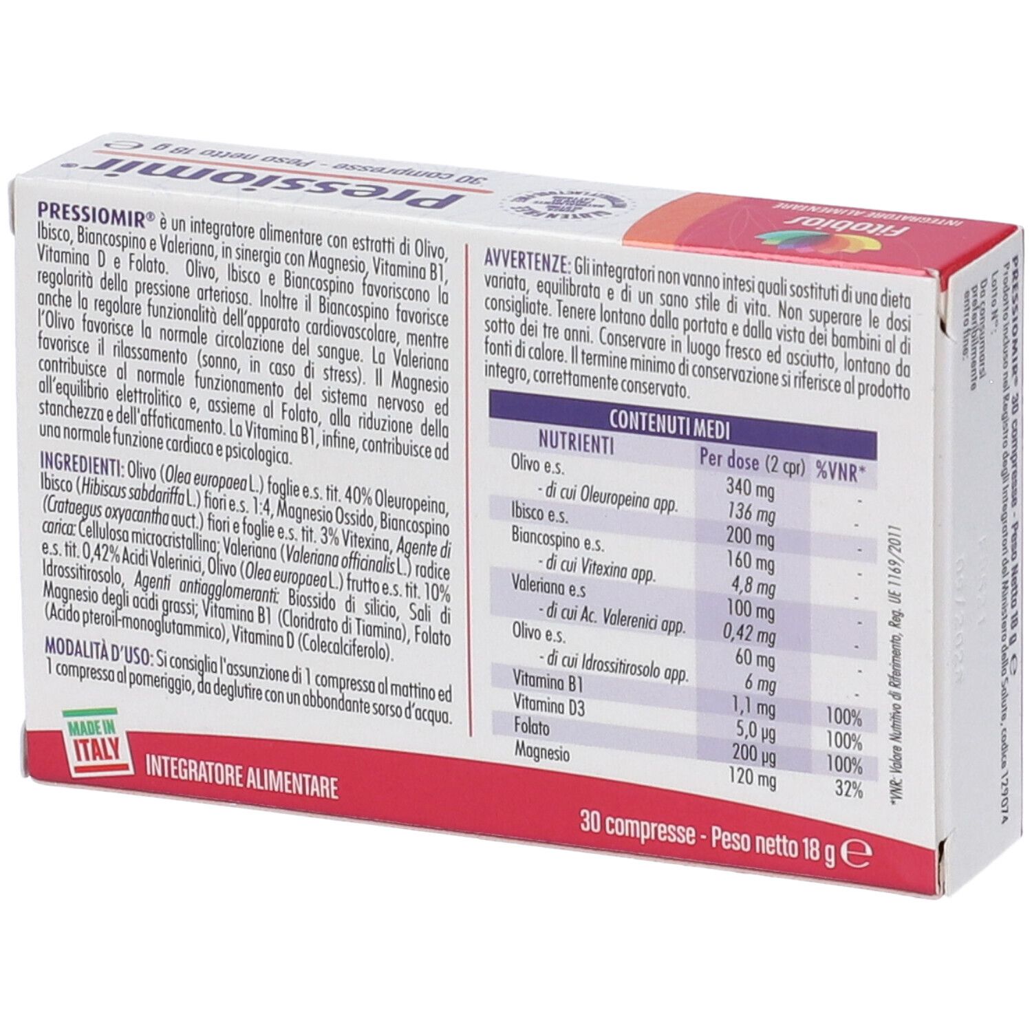 Rückseite der Pressiomir 30 Tabletten Verpackung mit Nährwertangaben und Inhaltsstoffen.