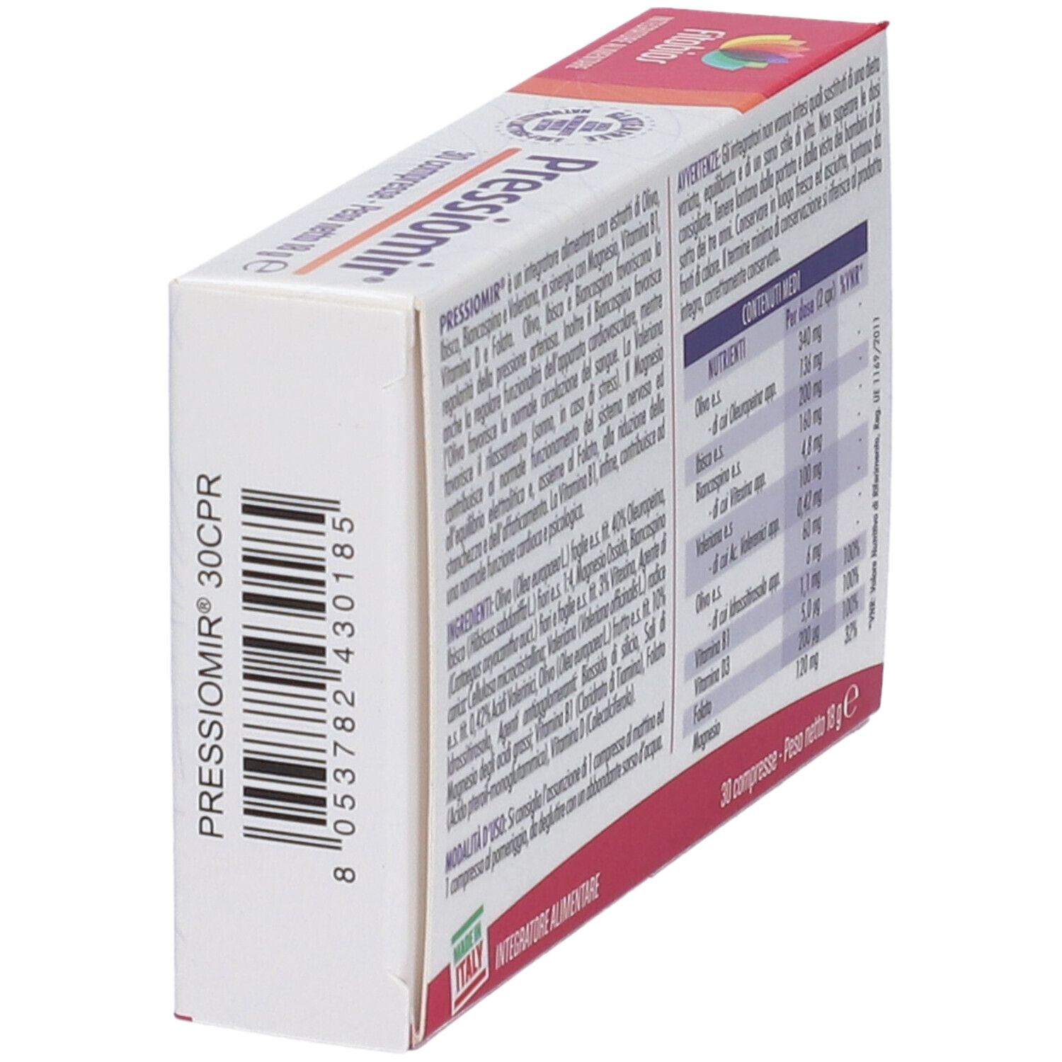Pressiomir 30 Tabletten Verpackung, Seitenansicht mit Barcode und Produktcode.