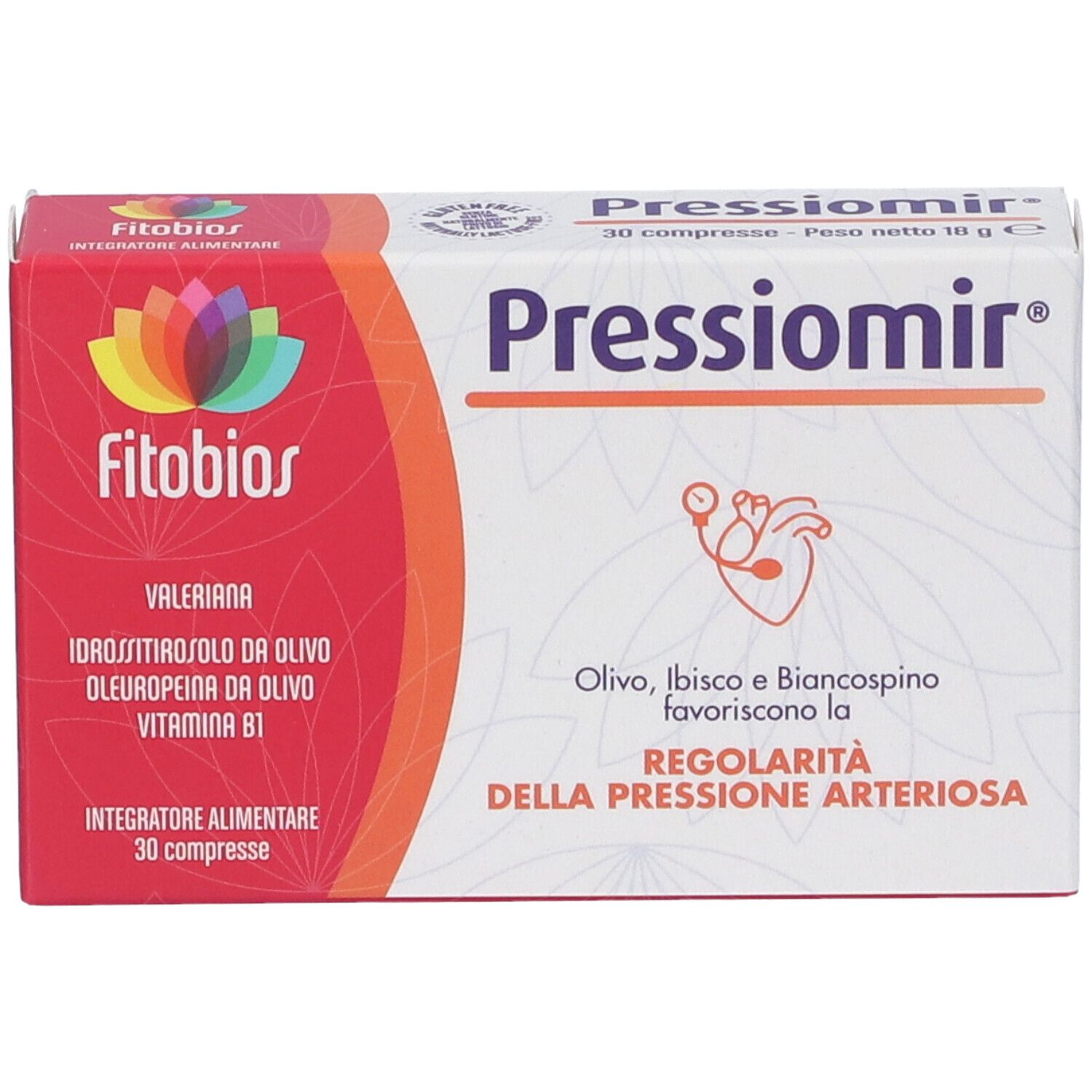 Pressiomir 30 Tabletten Verpackung mit Fitobios Logo und Herzsymbol.