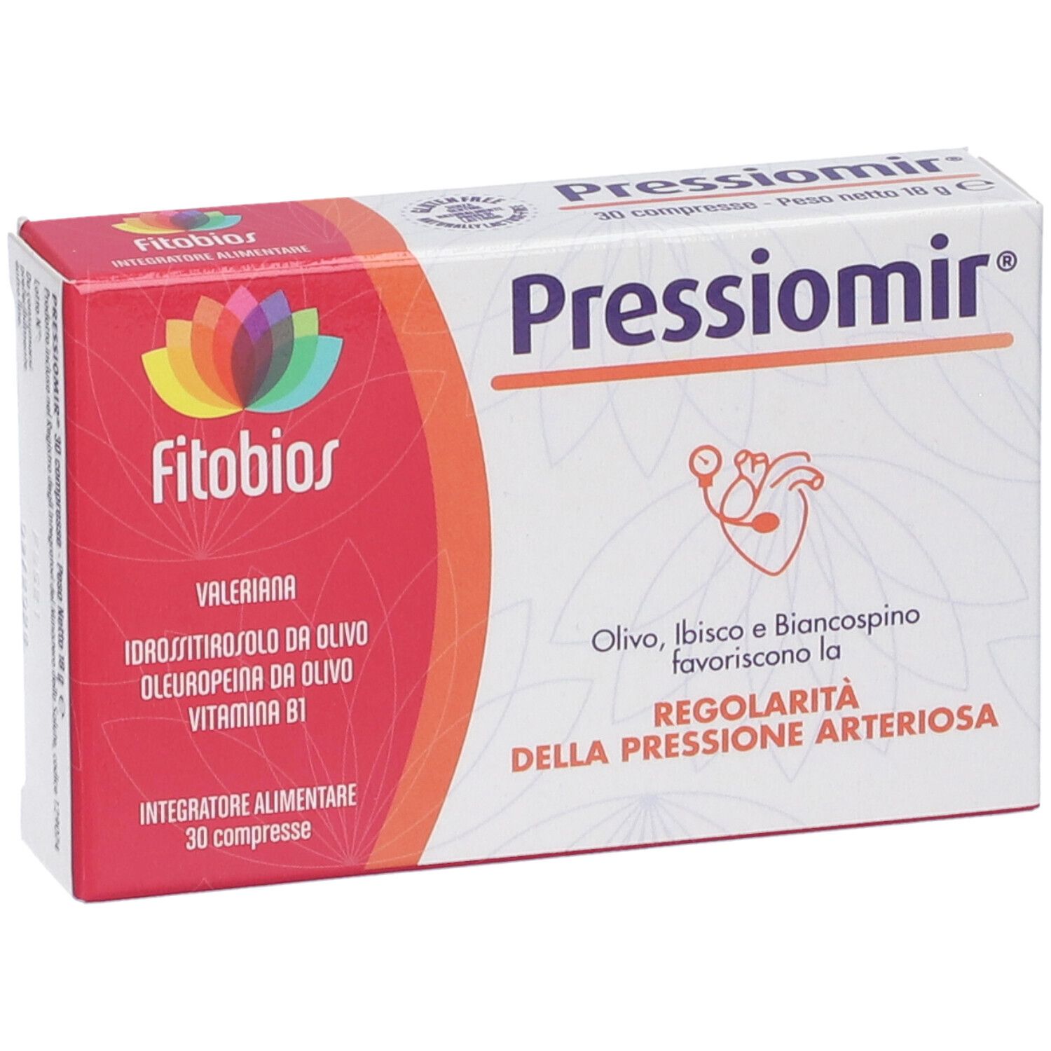 Pressiomir 30 Tabletten Verpackung mit Fitobios Logo und Herzsymbol.