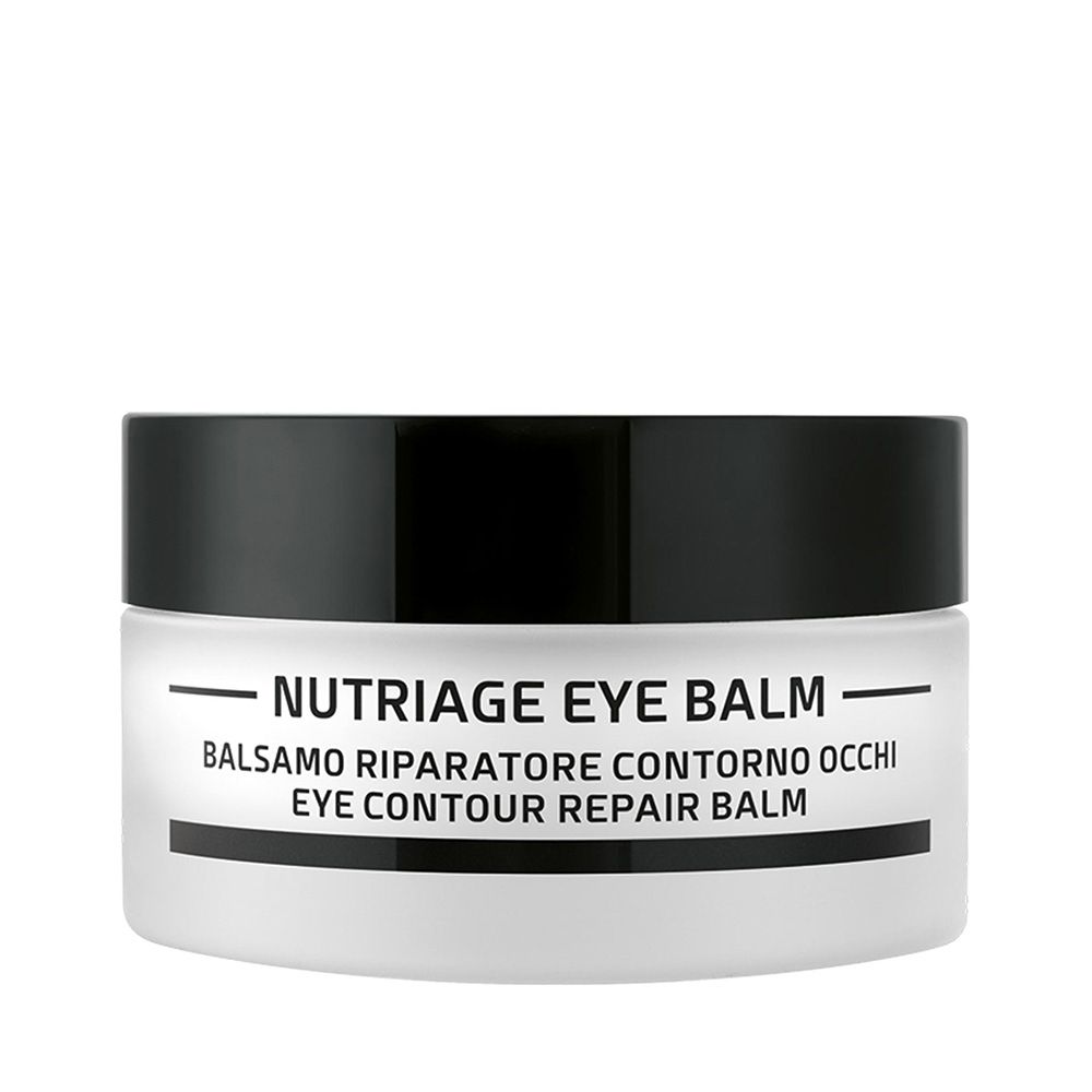 Vasetto di crema con coperchio nero. Scritta: NUTRIAGE EYE BALM, Balsamo riparatore contorno occhi, Eye contour repair balm.