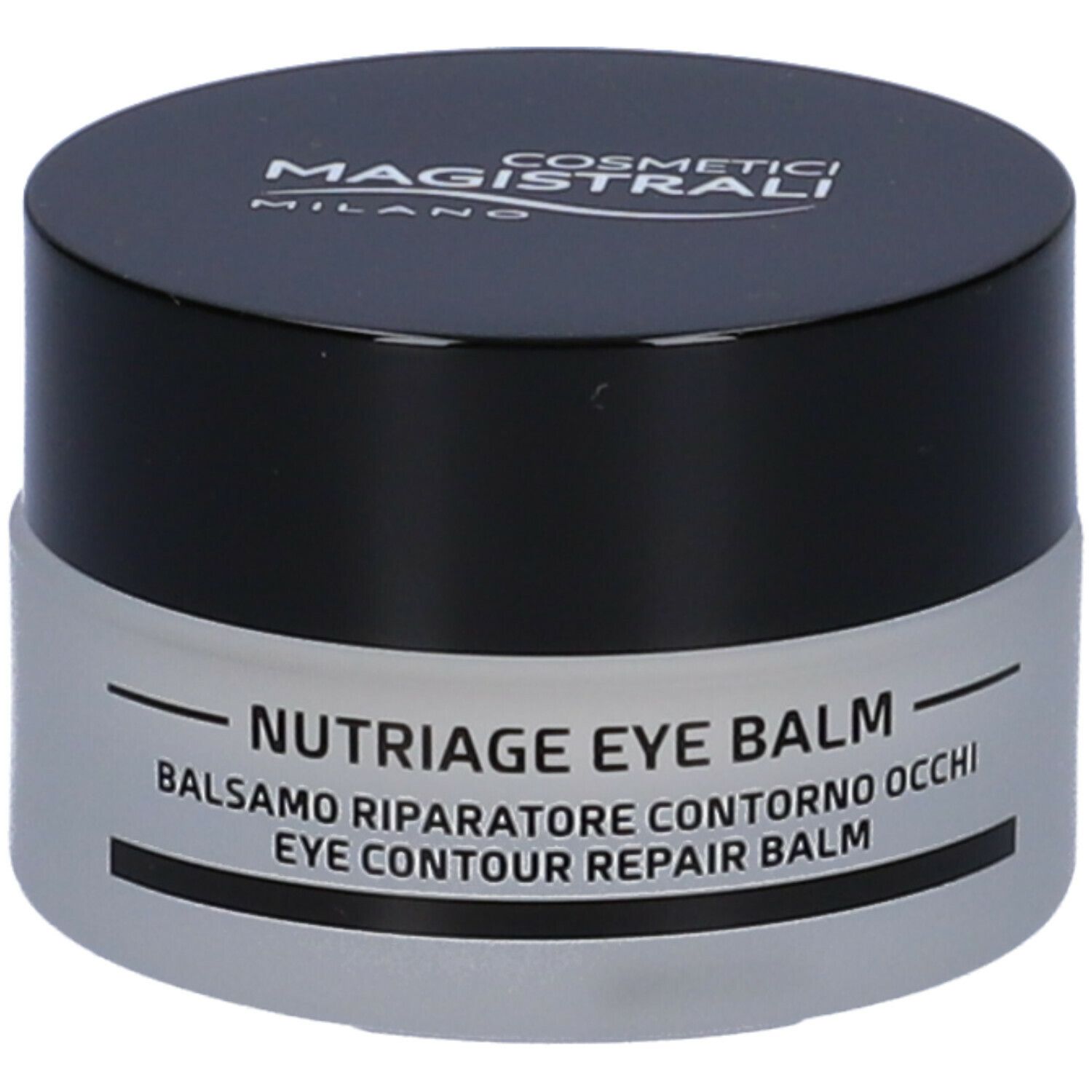 Vasetto di crema rotondo con coperchio nero. Scritta: Cosmetici Magistrali Milano, NUTRIAGE EYE BALM, Balsamo riparatore contorno occhi.