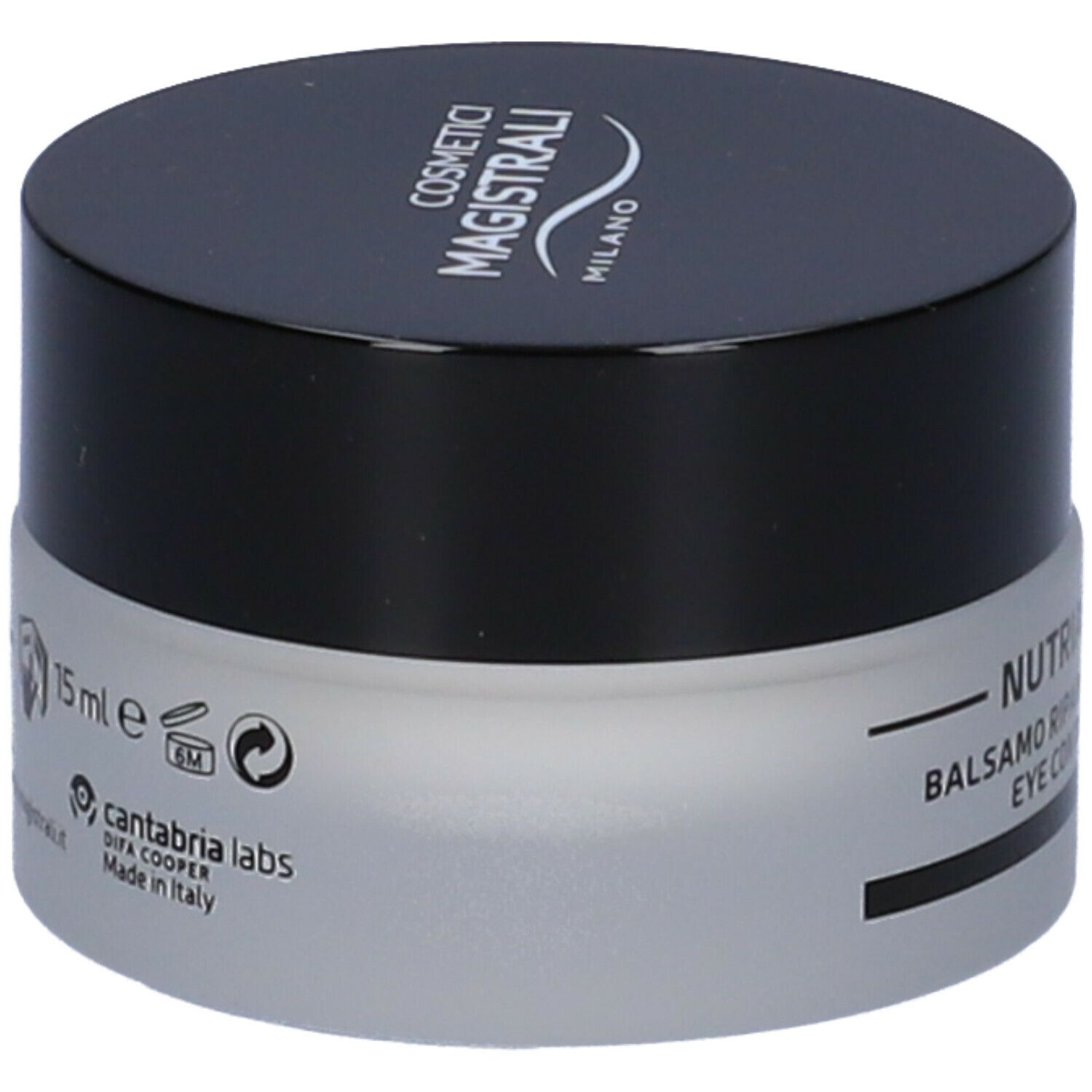 Vasetto di crema con coperchio nero. Scritta: Cosmetici Magistrali Milano, NUTRIAGE EYE BALM, 15 ml, cantabria labs.