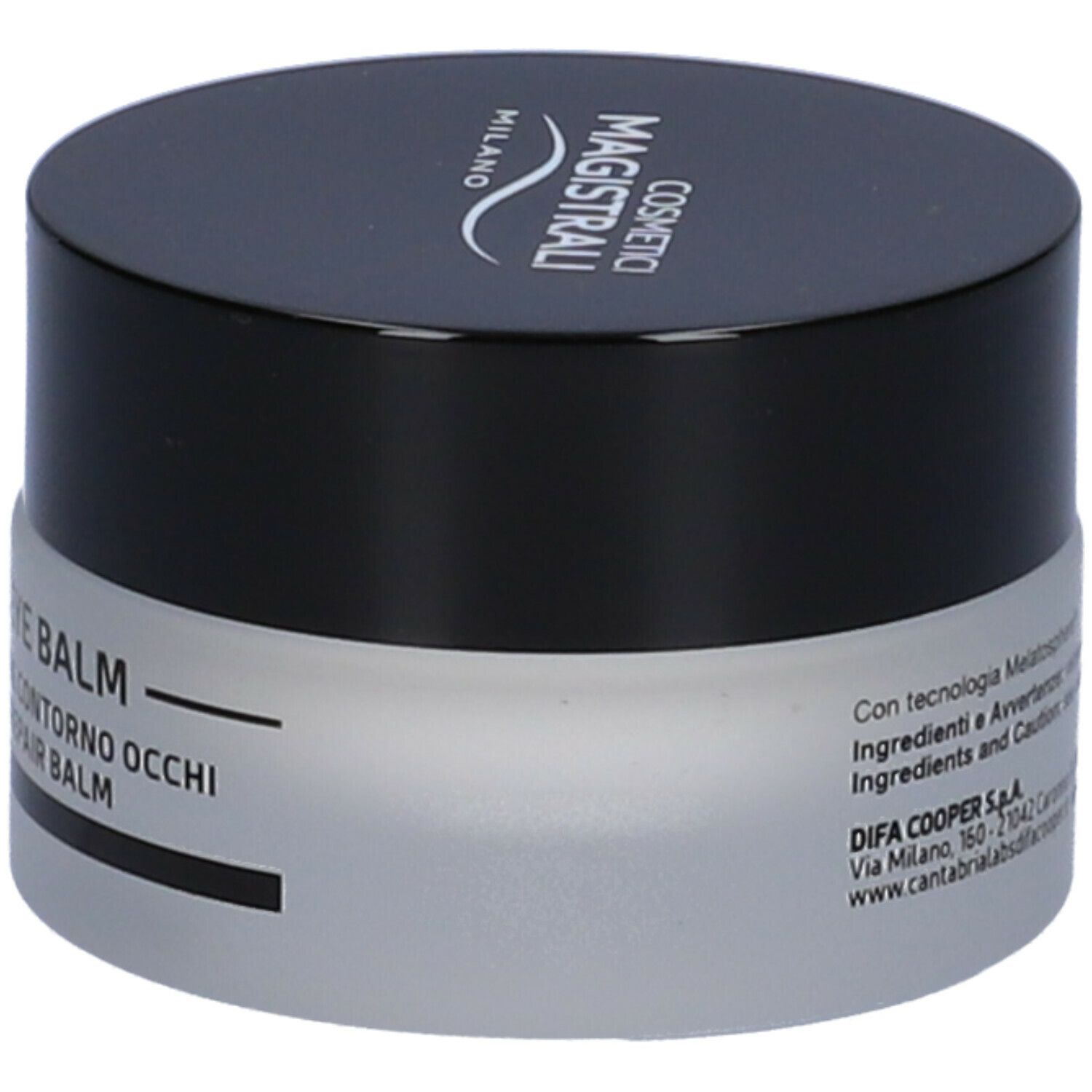 Vasetto di crema con coperchio nero. Scritta: Cosmetici Magistrali Milano, NUTRIAGE EYE BALM, Balsamo riparatore contorno occhi.