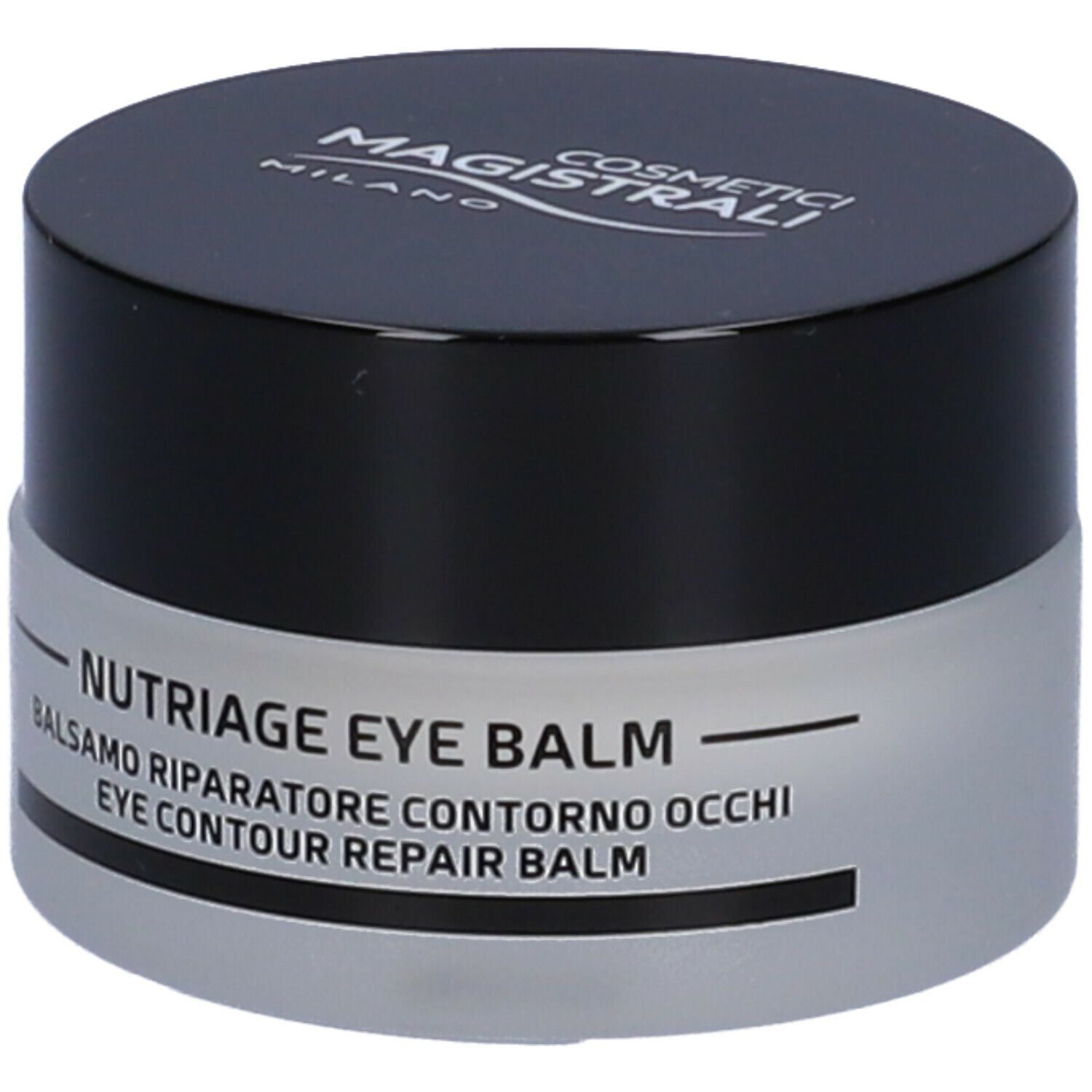 Vasetto di crema con coperchio nero. Scritta: NUTRIAGE EYE BALM, Balsamo riparatore contorno occhi, Eye contour repair balm.