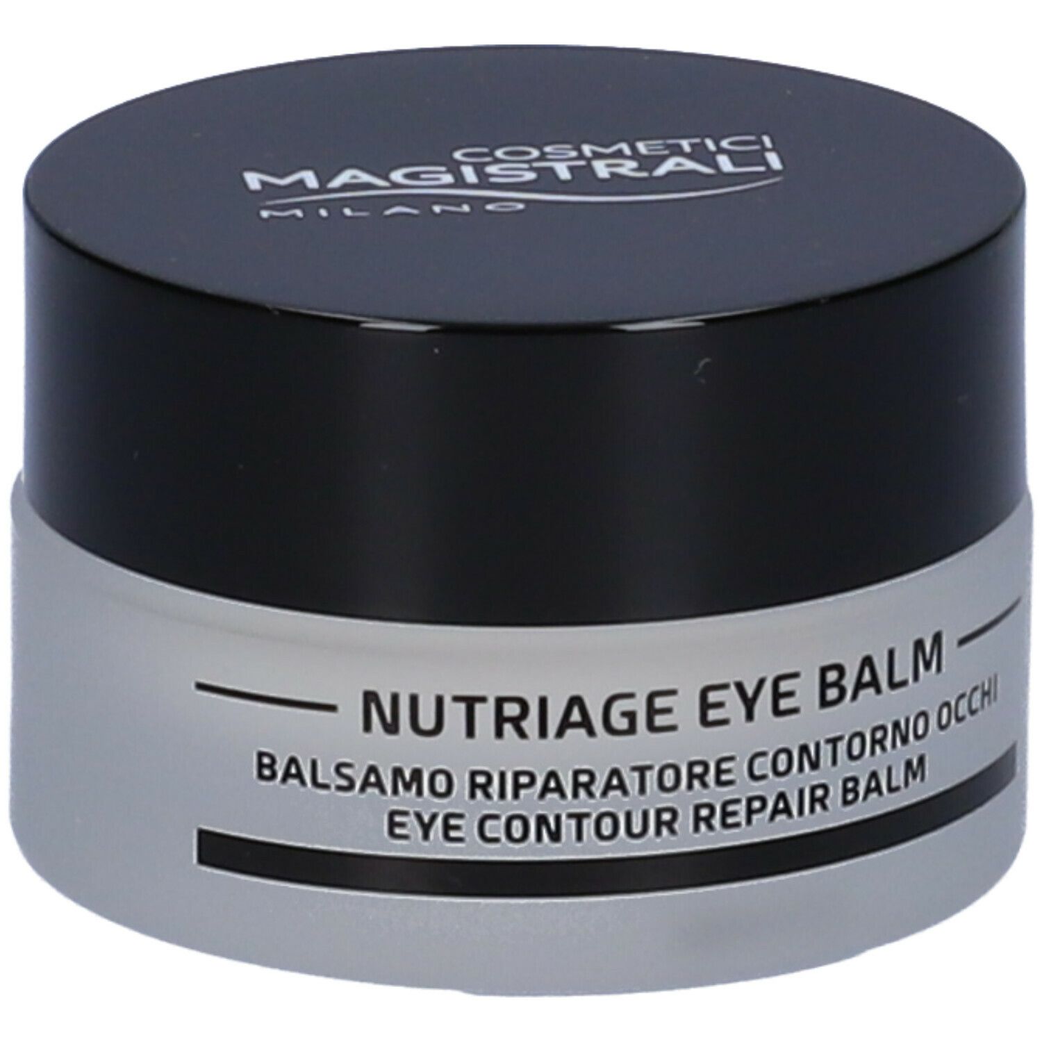 Vasetto di crema con coperchio nero. Scritta: NUTRIAGE EYE BALM, Balsamo riparatore contorno occhi, Eye contour repair balm.