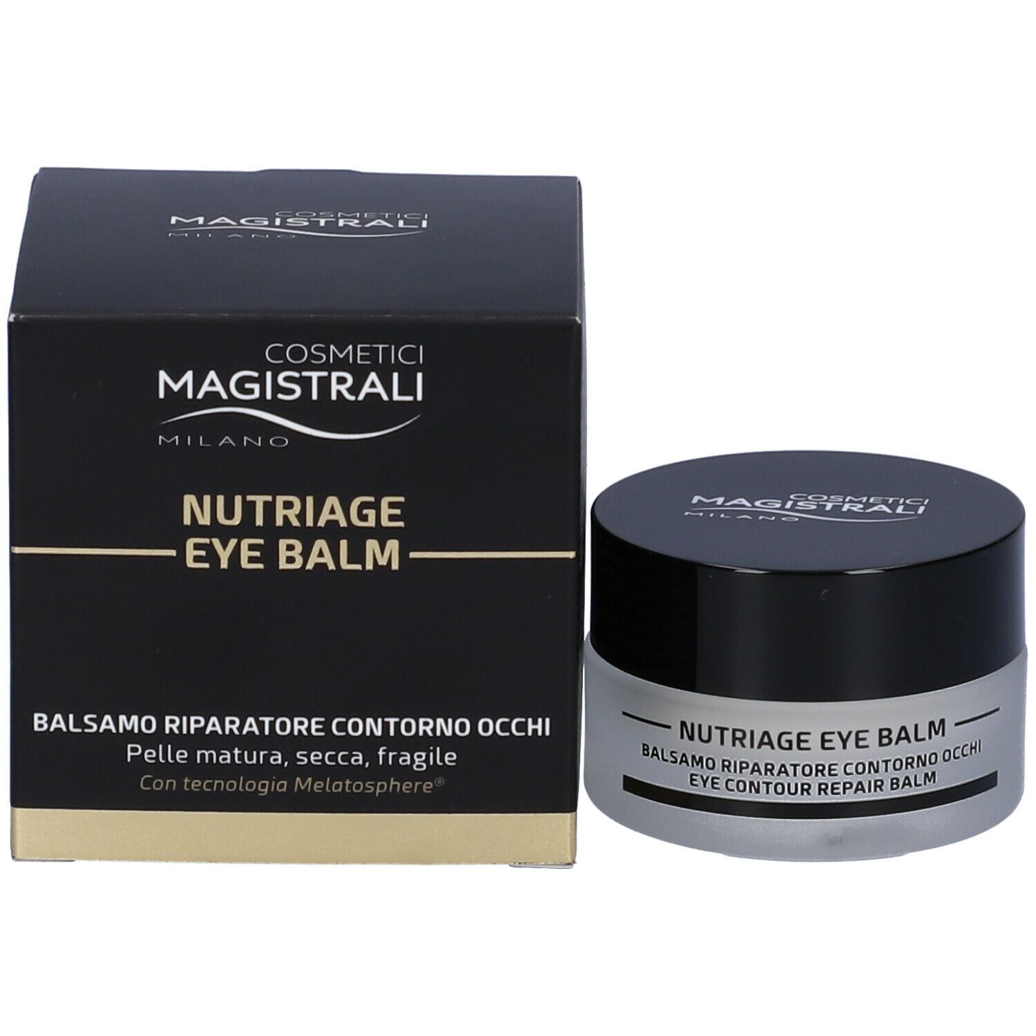 Vasetto di crema e scatola. Scritta: Cosmetici Magistrali Milano, NUTRIAGE EYE BALM, Balsamo riparatore contorno occhi.