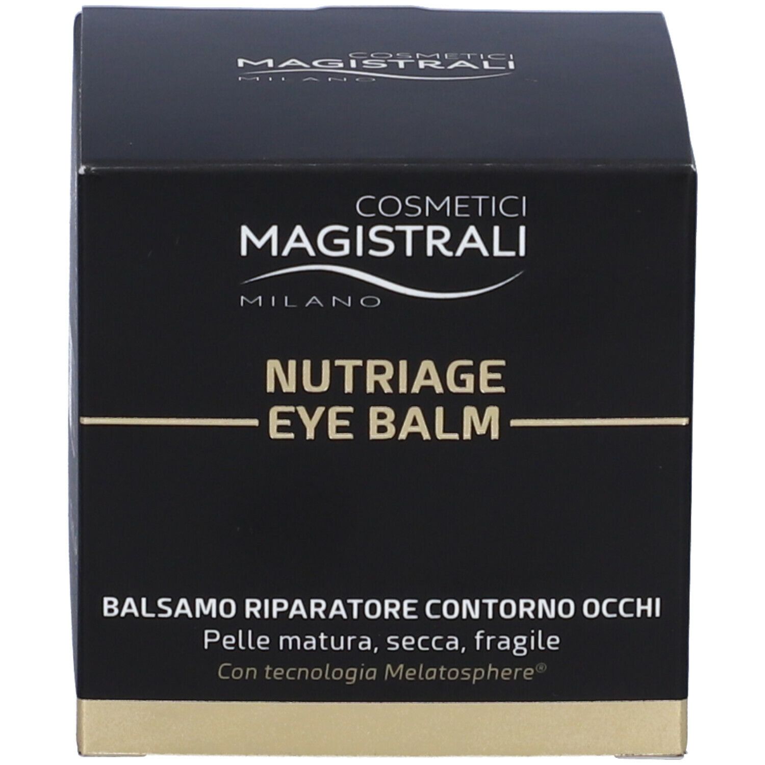 Scatola nera. Scritta: Cosmetici Magistrali Milano, NUTRIAGE EYE BALM, Balsamo riparatore contorno occhi.