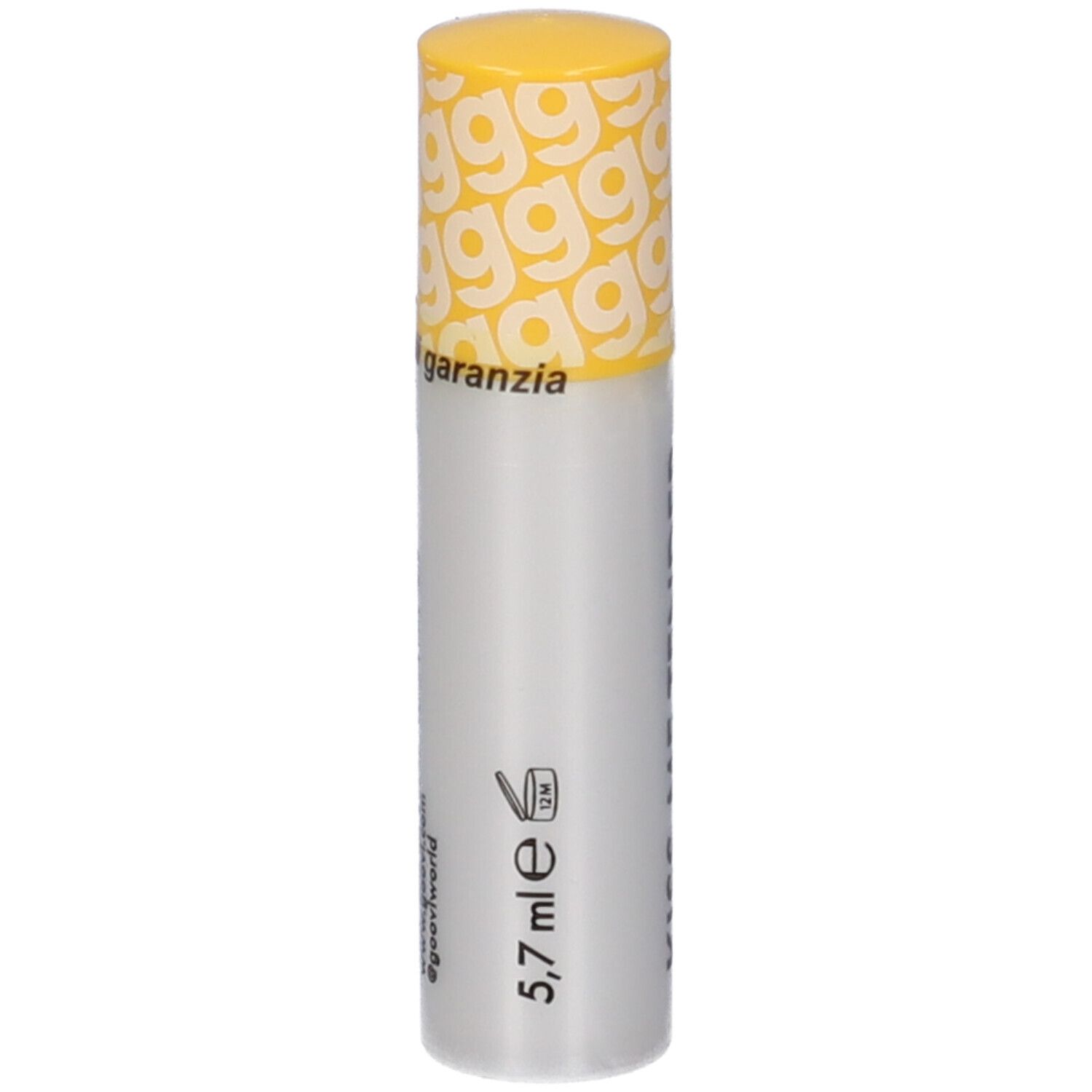 Lippenbalsam-Stift. Weißer Zylinder mit gelbem Deckel. Aufschrift: 5,7 ml e, 12M. Text: garanzia.