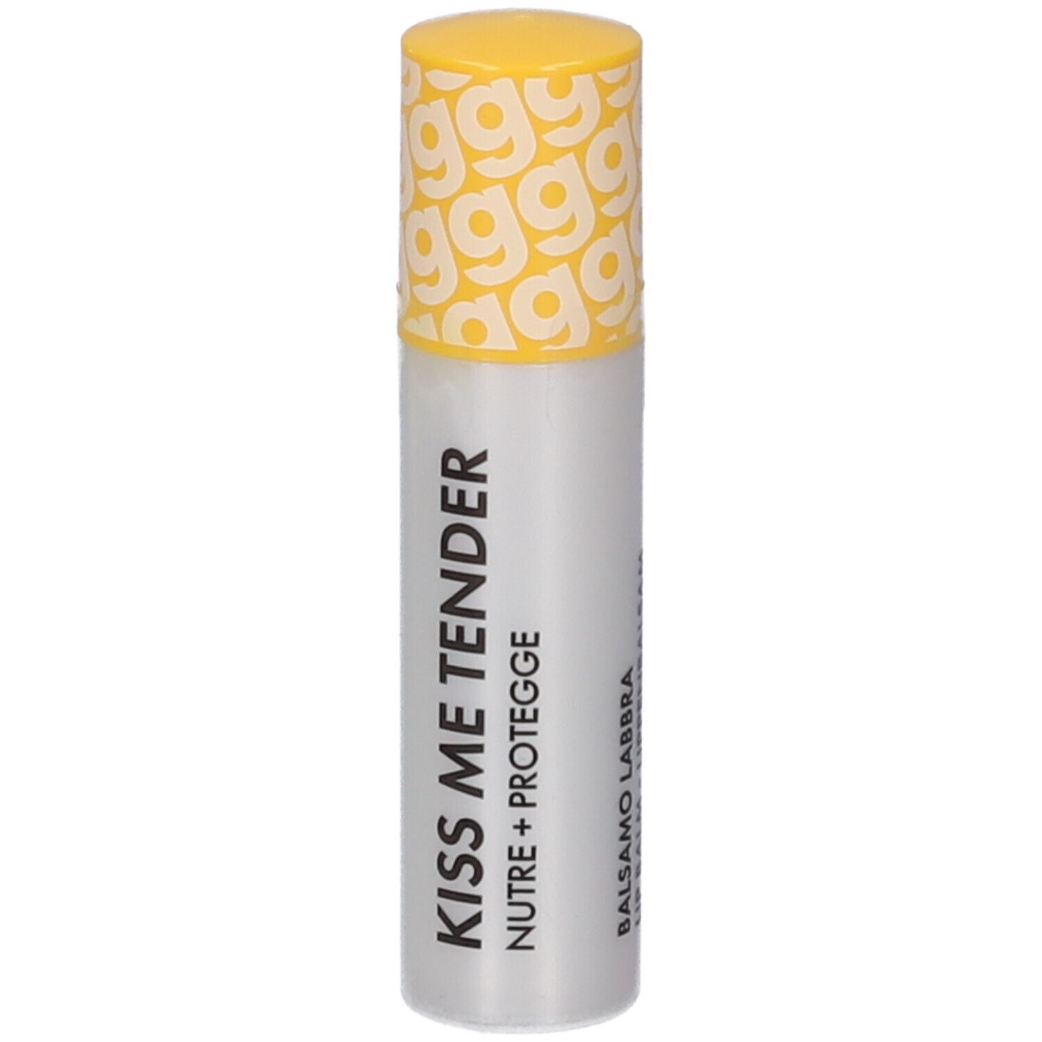 Lippenbalsam-Stift. Weißer Zylinder mit gelbem Deckel. Aufschrift: KISS ME TENDER, NUTRE + PROTEGGE, BALSAMO LABBRA.