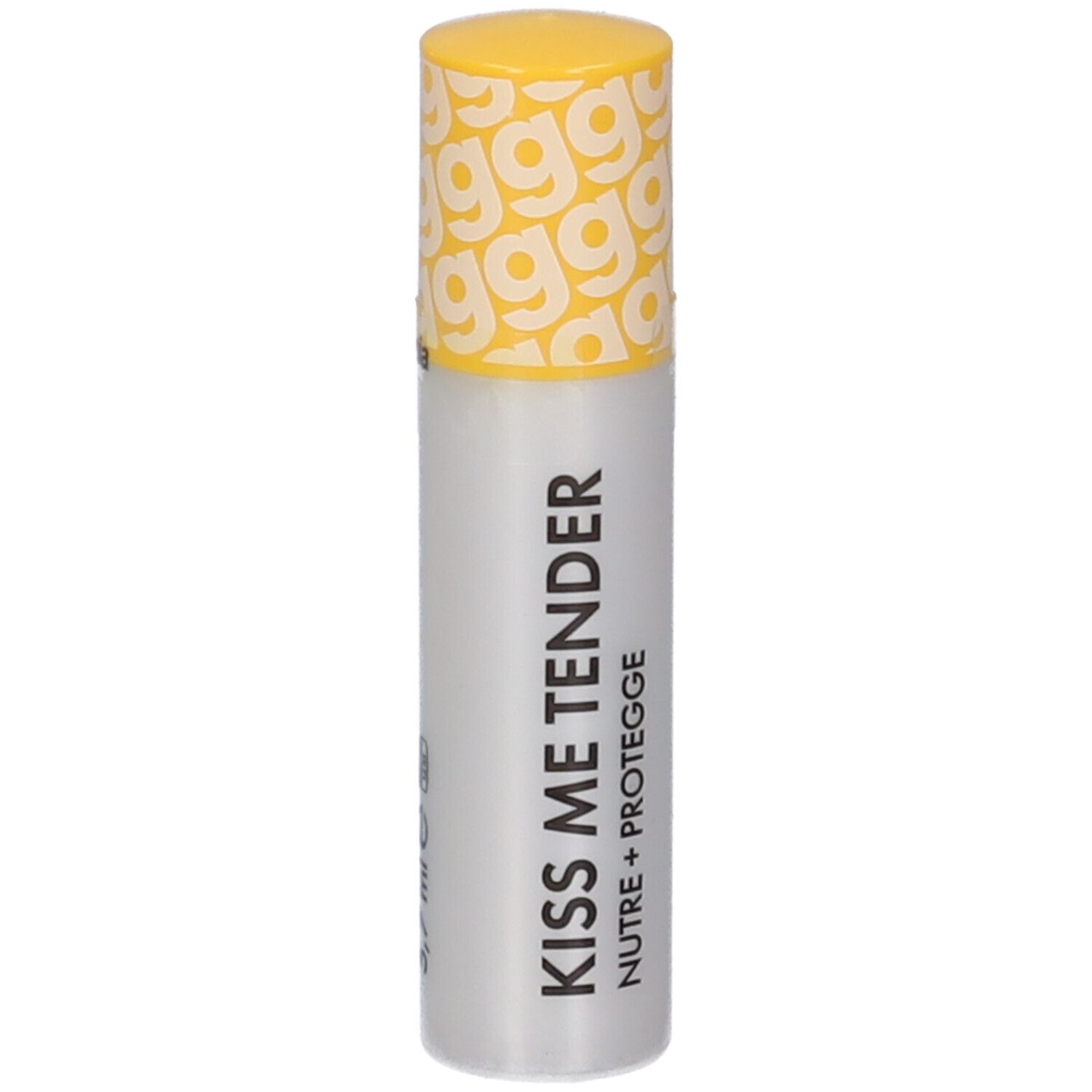 Lippenbalsam-Stift. Weißer Zylinder mit gelbem Deckel. Aufschrift: KISS ME TENDER, NUTRE + PROTEGGE.