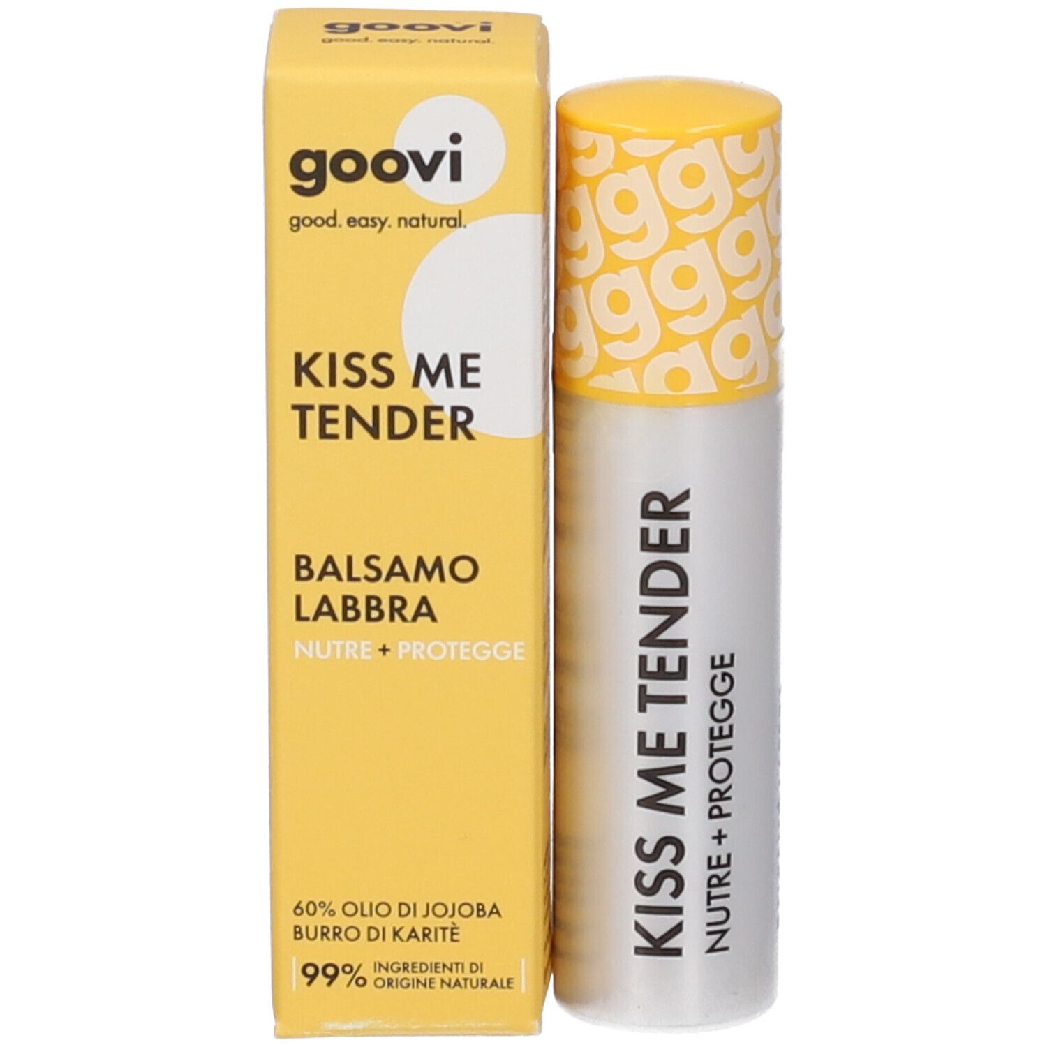 Lippenbalsam-Stift und Verpackung. Gelbe Schachtel mit Produkt. Aufschrift: goovi, KISS ME TENDER, BALSAMO LABBRA.