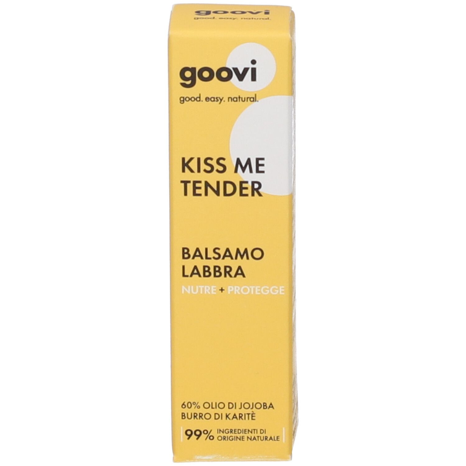 Gelbe Verpackung. Aufschrift: goovi, KISS ME TENDER, BALSAMO LABBRA. Text: 60% olio di jojoba, burro di karité, 99% ingredienti di origine naturale.