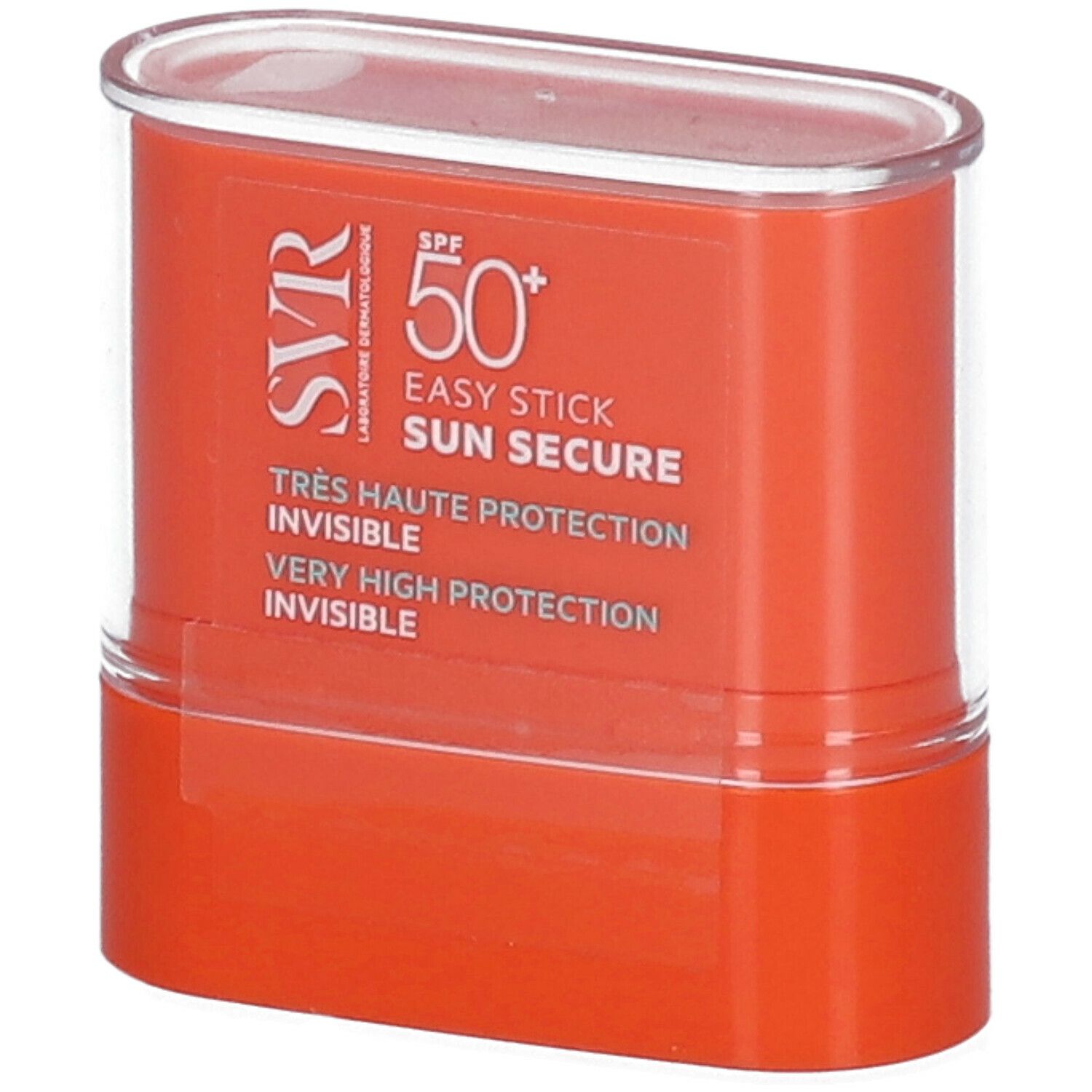 Stick solare SVR Sun Secure SPF50+ arancione con coperchio trasparente. Scritte: Très Haute Protection, Invisible.