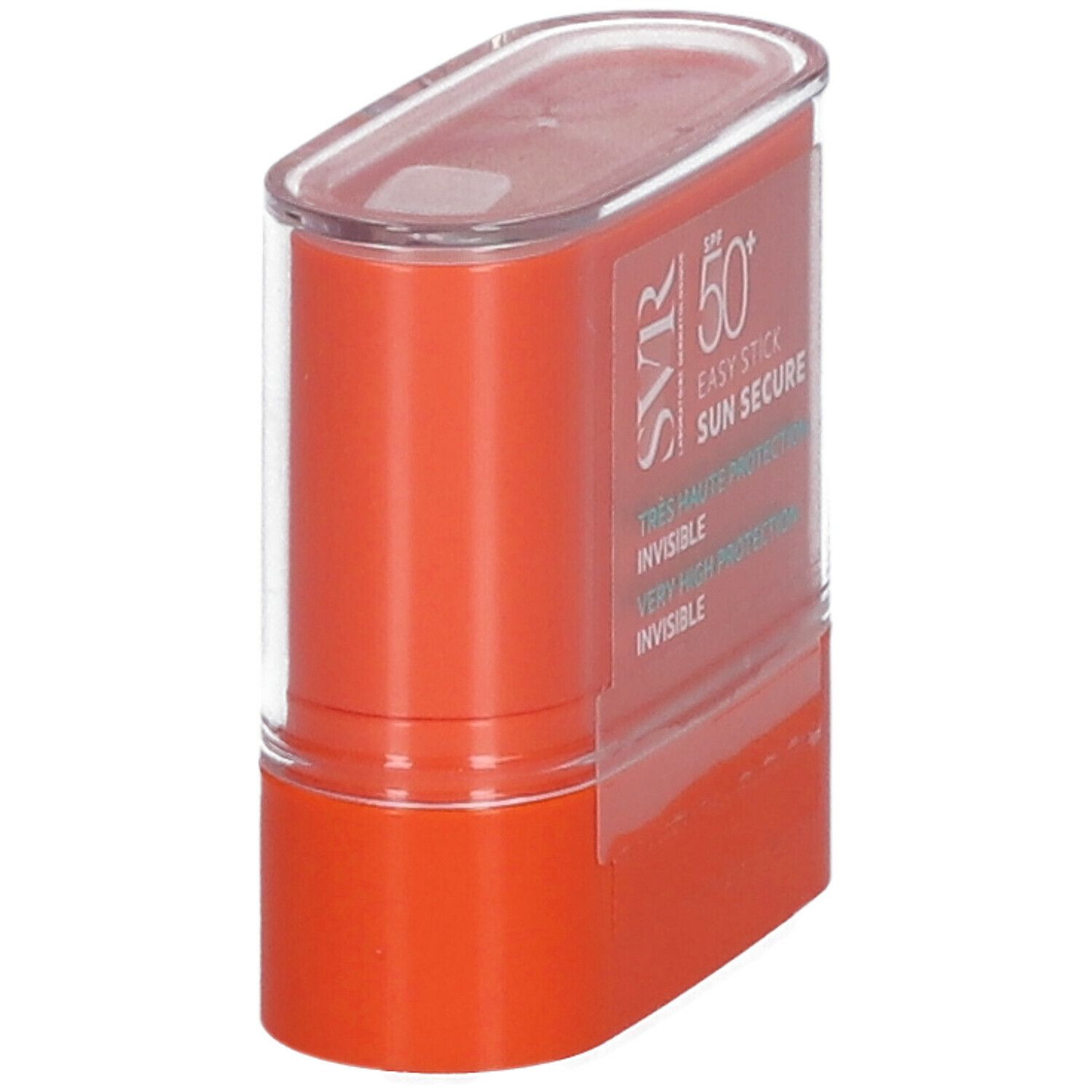 Stick solare SVR Sun Secure SPF50+ arancione con coperchio trasparente, vista obliqua.