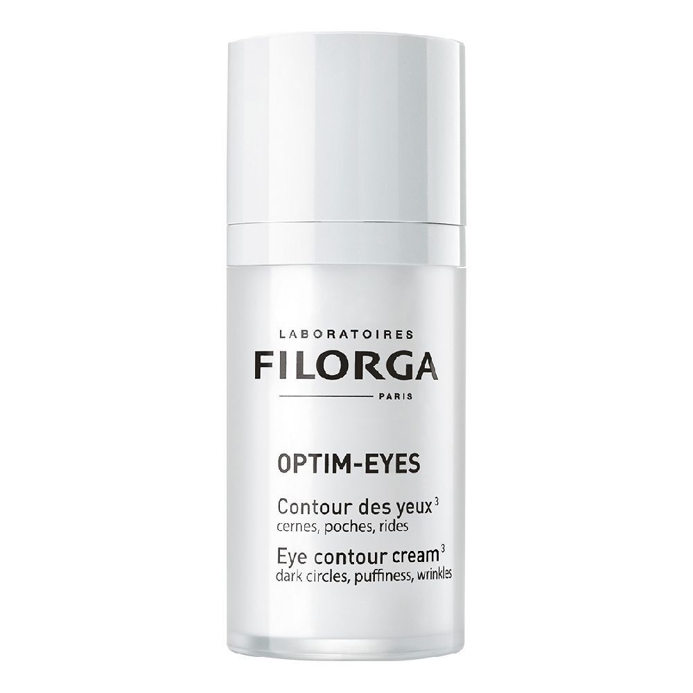 Filorga Optim-Eyes. Flacon blanc avec bouchon blanc. Texte: Filorga, Optim-Eyes, crème contour des yeux.