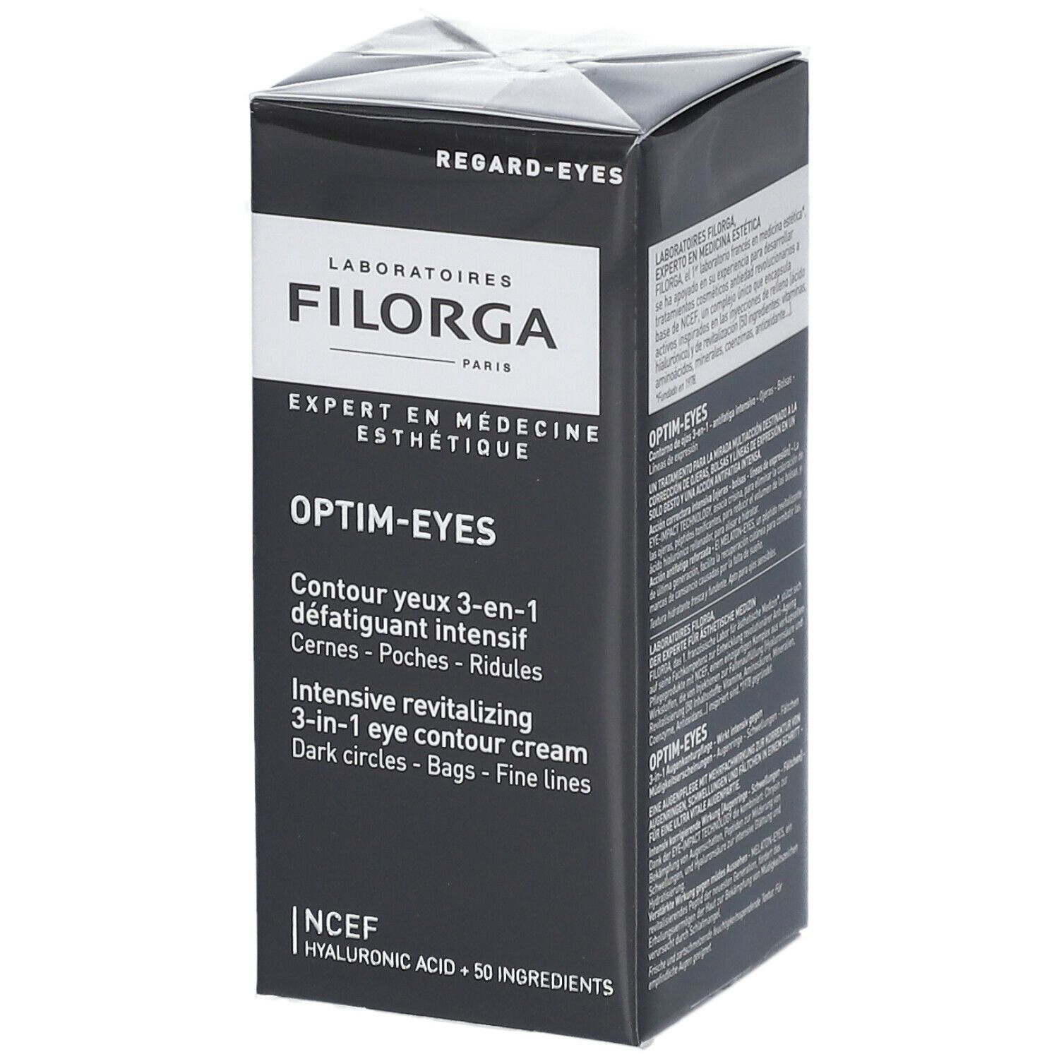 Emballage du produit Filorga Optim-Eyes. Boîte noire. Texte: Optim-Eyes, crème contour des yeux, NCEF.