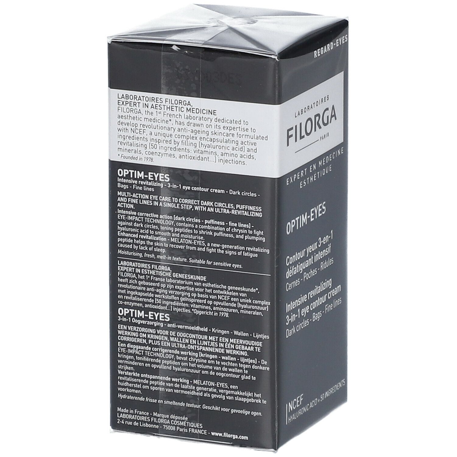 Emballage du produit Filorga Optim-Eyes. Boîte noire. Texte: Optim-Eyes, crème contour des yeux, NCEF.