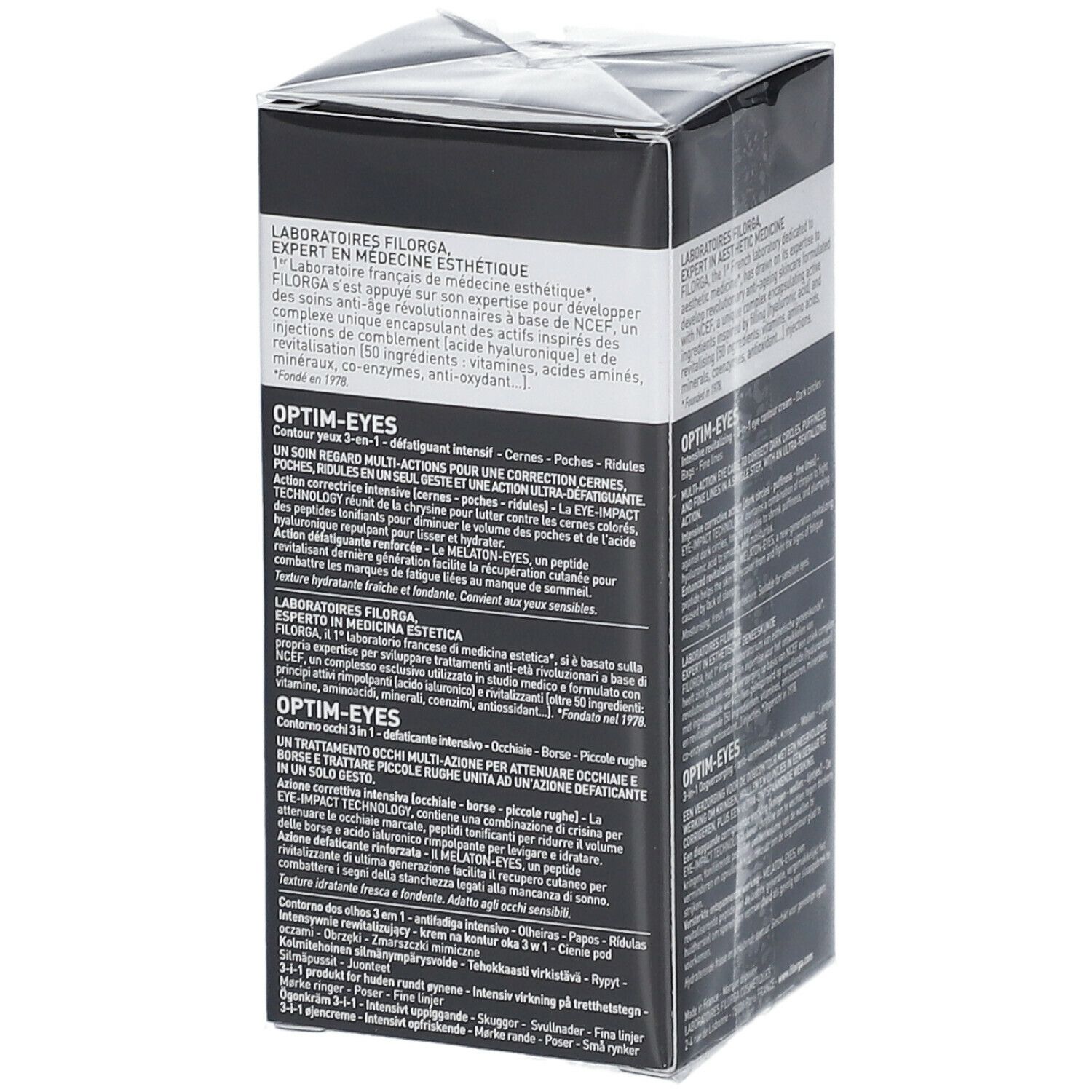 Emballage du produit Filorga Optim-Eyes. Boîte noire. Texte: Optim-Eyes, crème contour des yeux, NCEF.