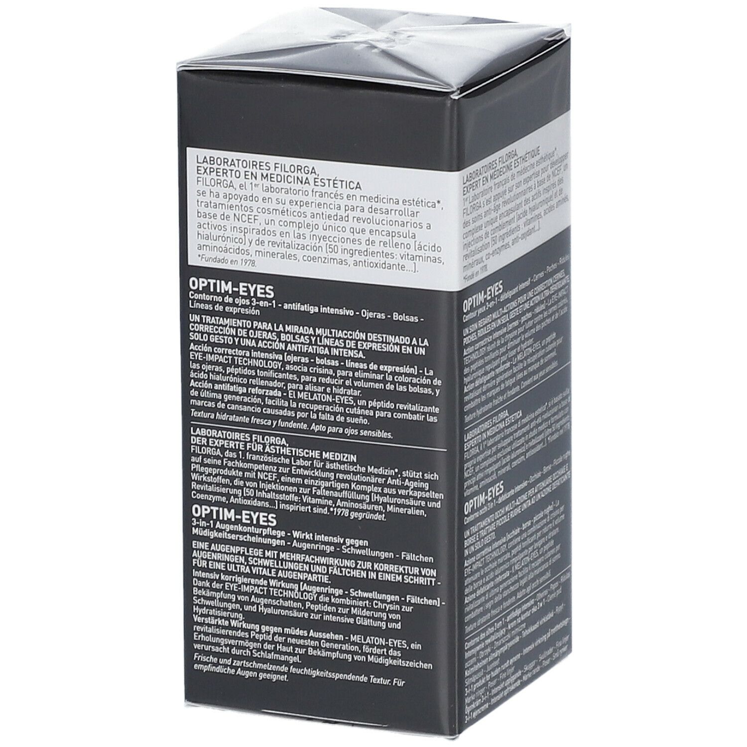 Emballage du produit Filorga Optim-Eyes. Boîte noire. Texte: Optim-Eyes, crème contour des yeux, NCEF.