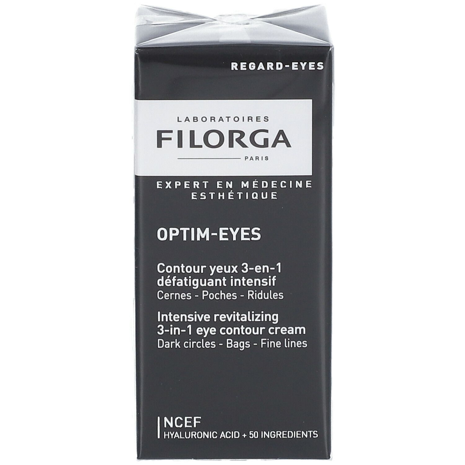 Emballage du produit Filorga Optim-Eyes. Boîte noire. Texte: Optim-Eyes, crème contour des yeux, NCEF.