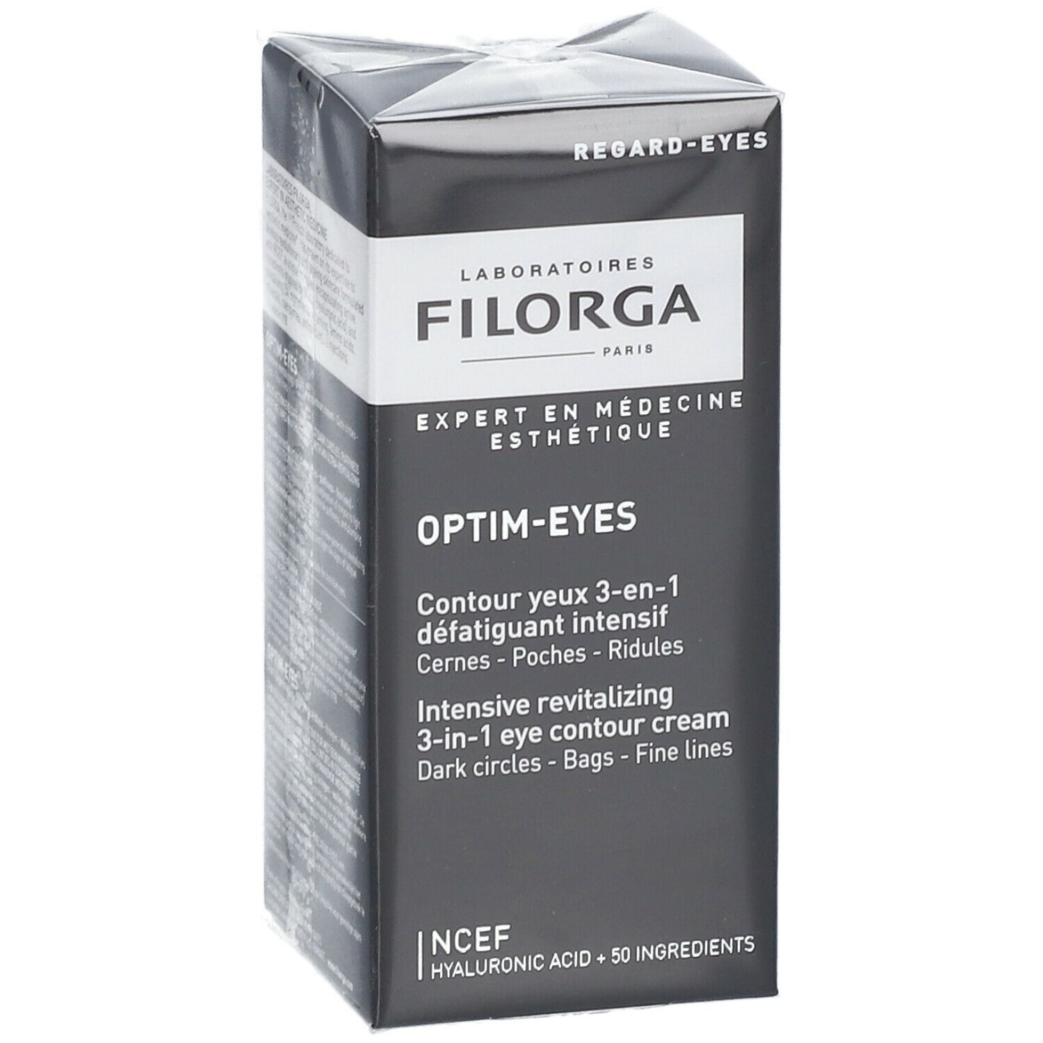 Emballage du produit Filorga Optim-Eyes. Boîte noire. Texte: Optim-Eyes, crème contour des yeux, NCEF.