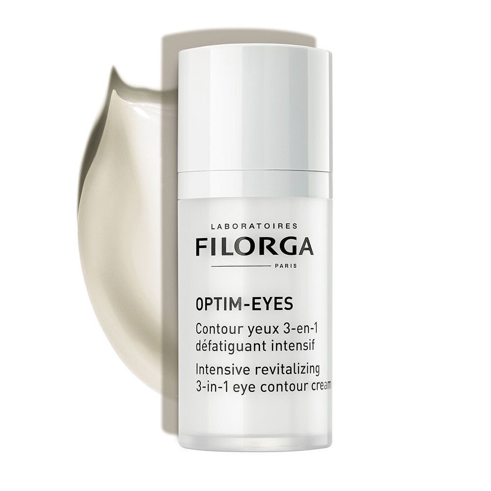 Filorga Optim-Eyes. Produit et application de crème. Texte: Filorga, Optim-Eyes, crème contour des yeux.