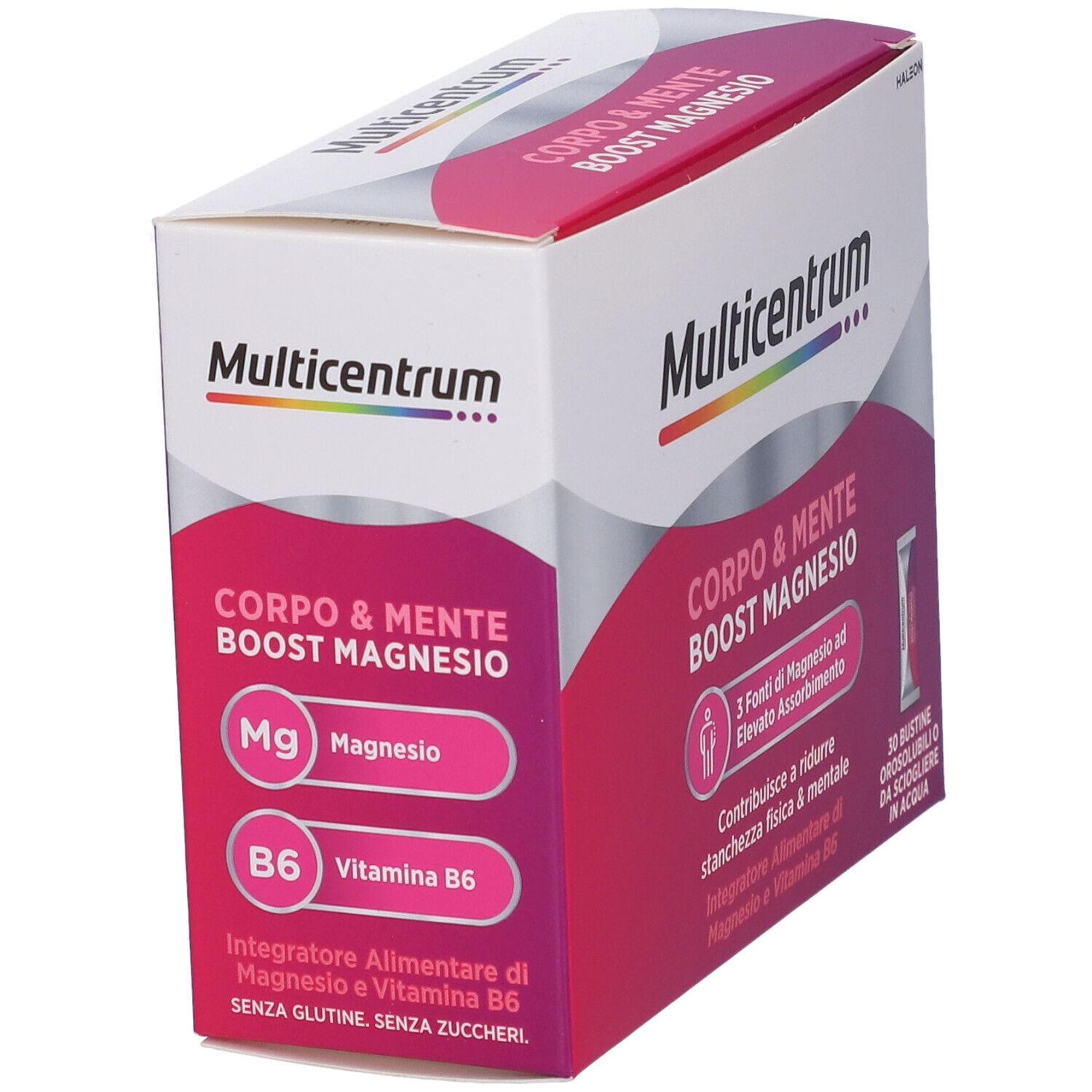 Scatola di Multicentrum Corpo & Mente Boost Magnesio. Contiene magnesio e vitamina B6. Testo: Corpo & Mente Boost Magnesio.