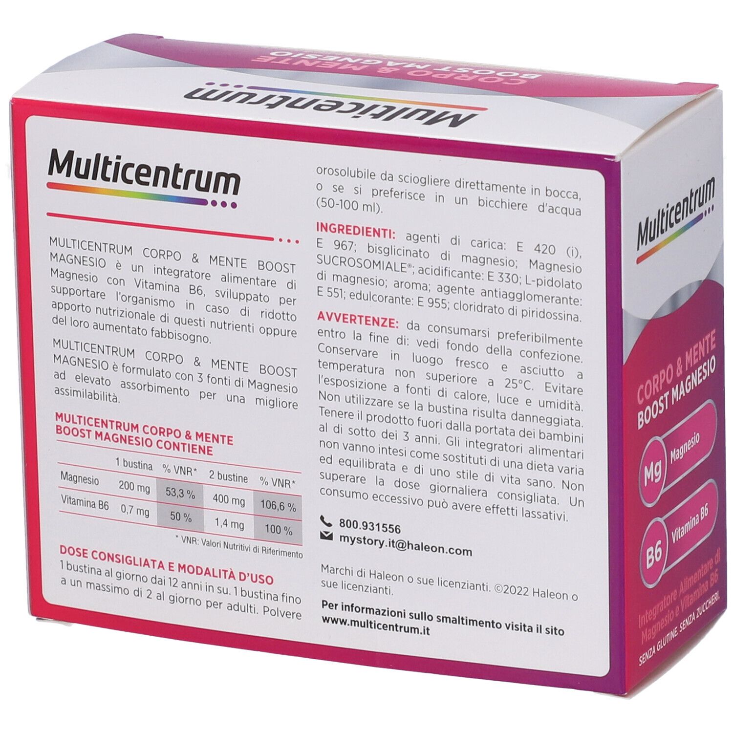 Retro della confezione Multicentrum Corpo & Mente Boost Magnesio. Contiene informazioni su ingredienti e utilizzo.