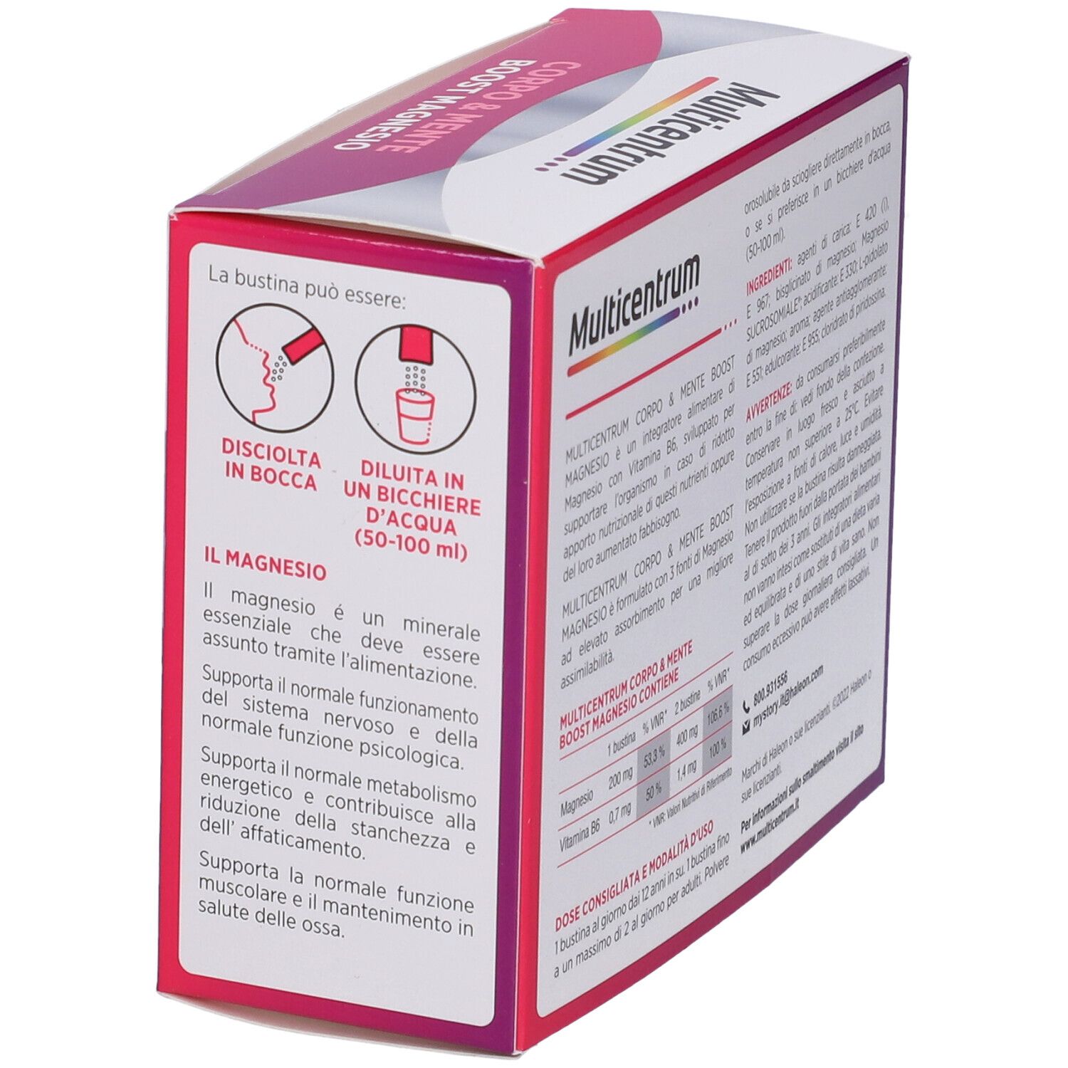 Confezione Multicentrum Corpo & Mente Boost Magnesio. Mostra le istruzioni per l'uso: sciogliere in acqua o in bocca.