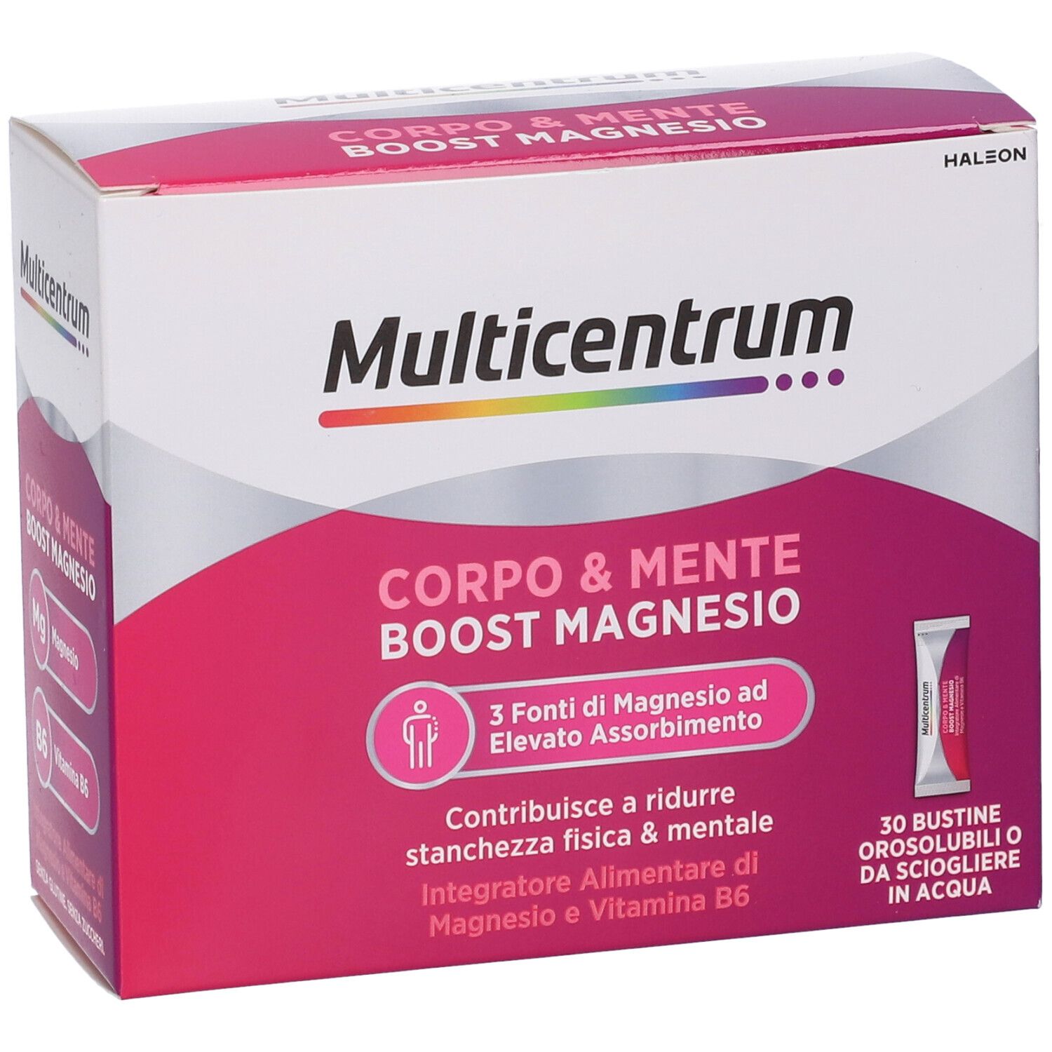 Confezione di Multicentrum Corpo & Mente Boost Magnesio. Contiene 30 bustine. Testo: Corpo & Mente Boost Magnesio.
