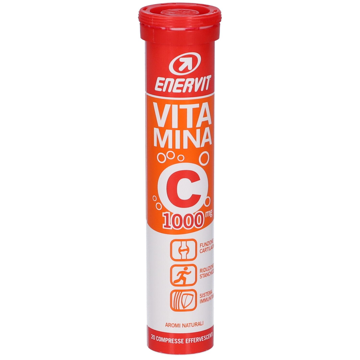Rote Röhre mit ENERVIT Vitamin C 1000 mg Brausetabletten. Zeigt Icons für Knorpel, Müdigkeit und Immunsystem.
